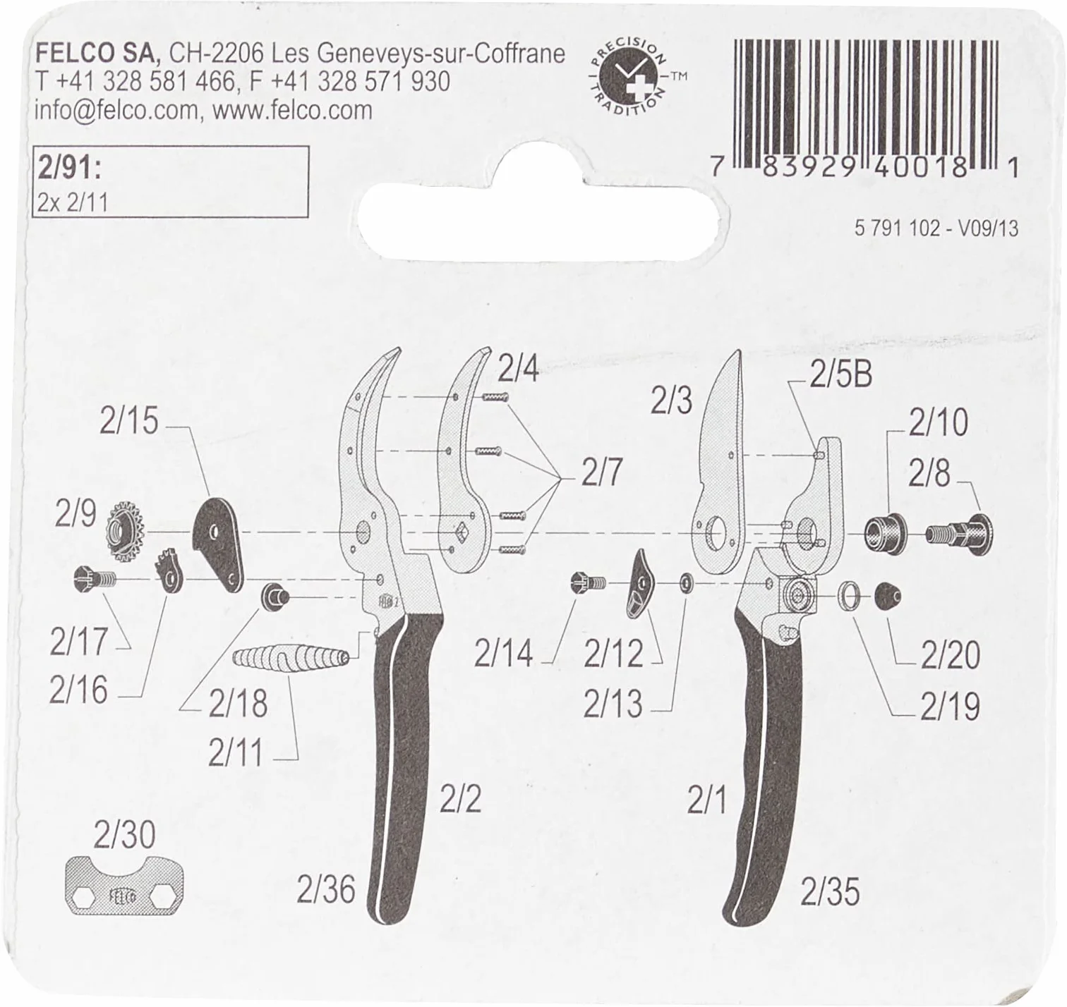 Felco 2/91 Jeu de 2 ressorts de rechange pour sécateur Felco 2/4/7/8/9/10/11