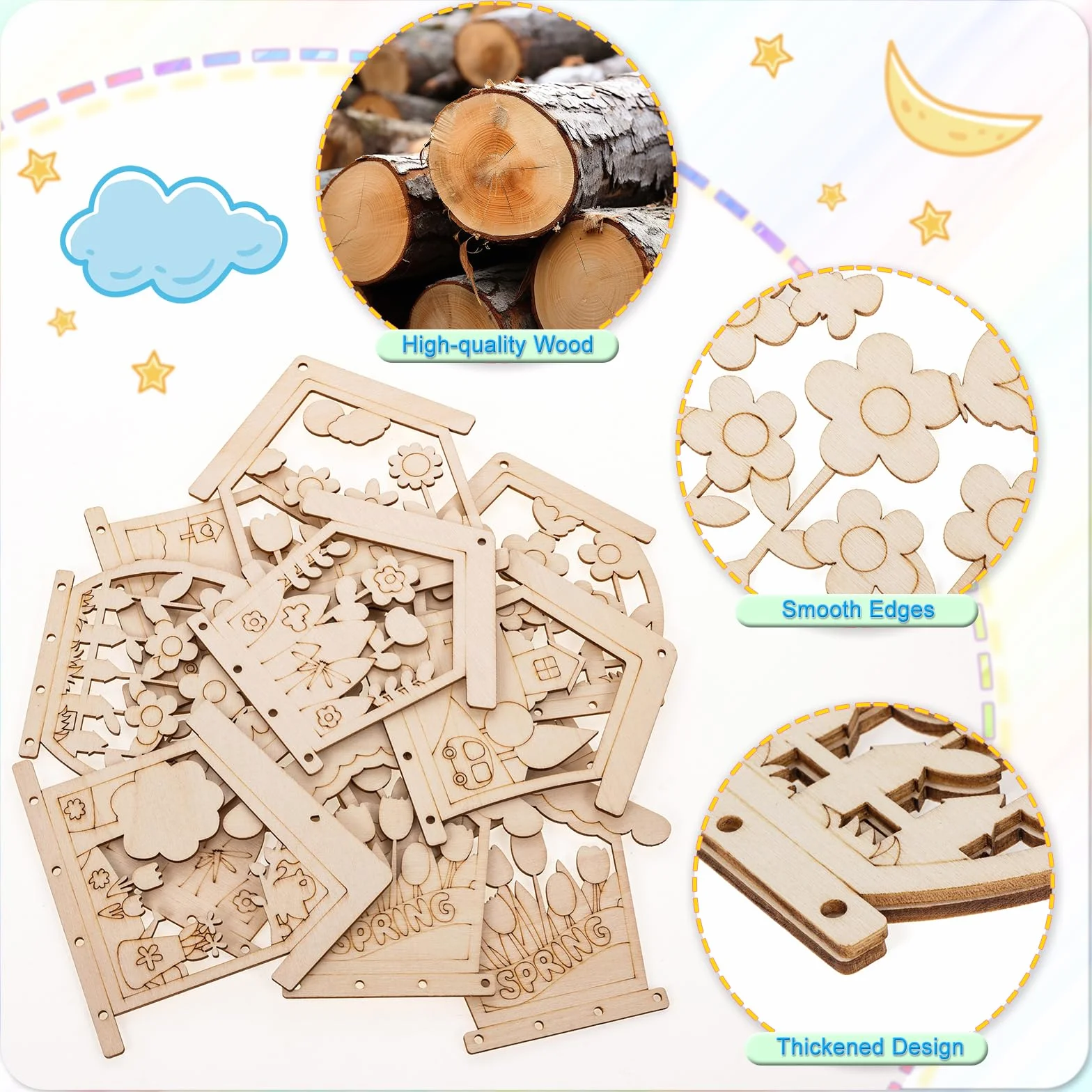 Lot de 12 carillons à vent en bois pour enfants, décoration jardin intérieur extérieur