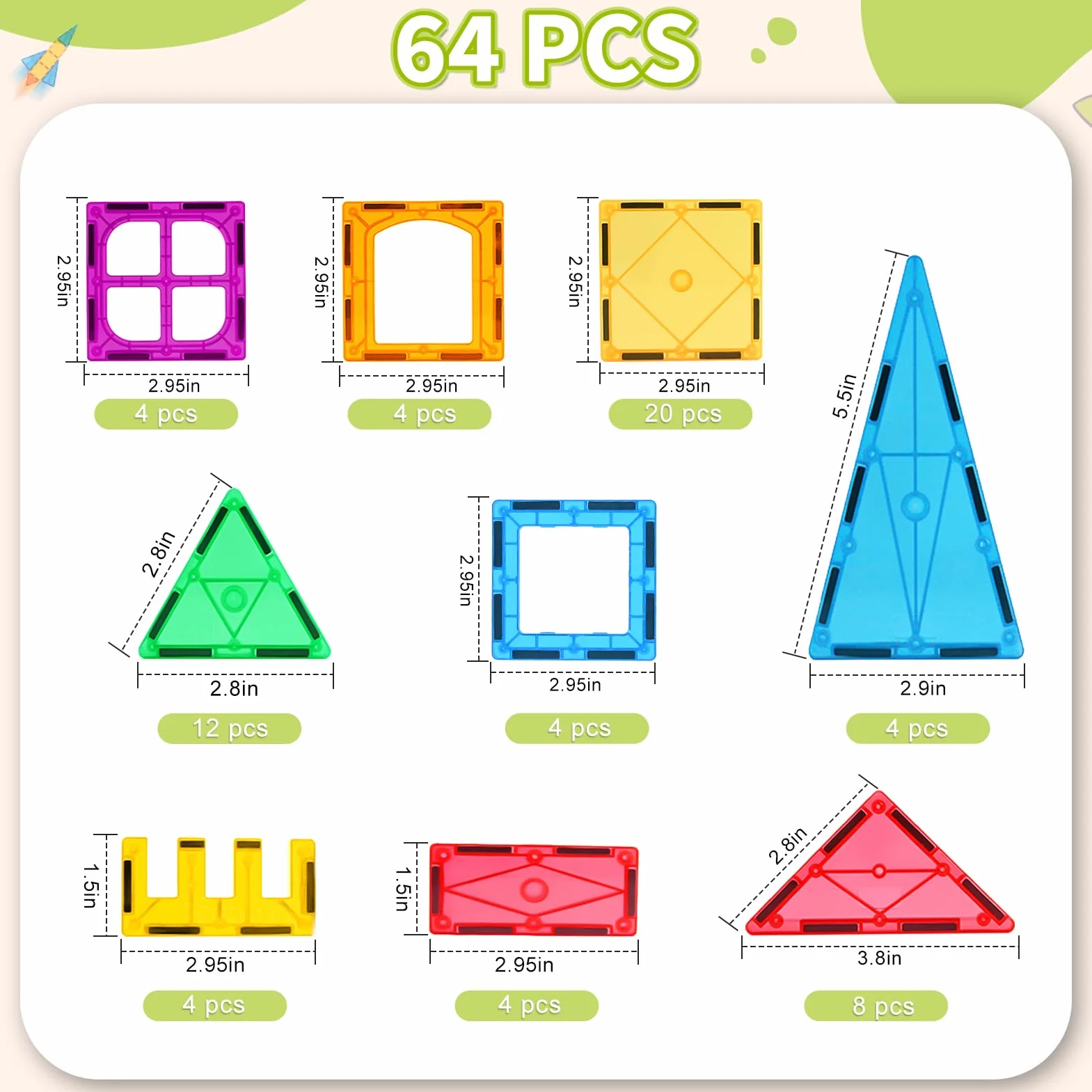 Katiago Blocs Construction Magnétiques Enfants 64 Pièces 3D Jeux Aimantés Cadeaux Noël 3-6 Ans Filles Garçons