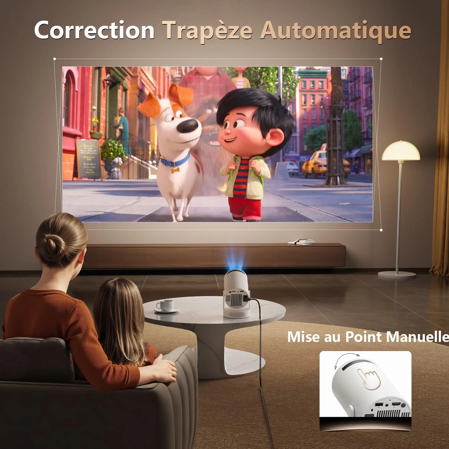 Mini Projecteur 4K 1080P Android 11 WiFi 6 Bluetooth 5.0 300 Lumens ANSI Keystone Vertical Auto Haut-Parleur HiFi Blanc