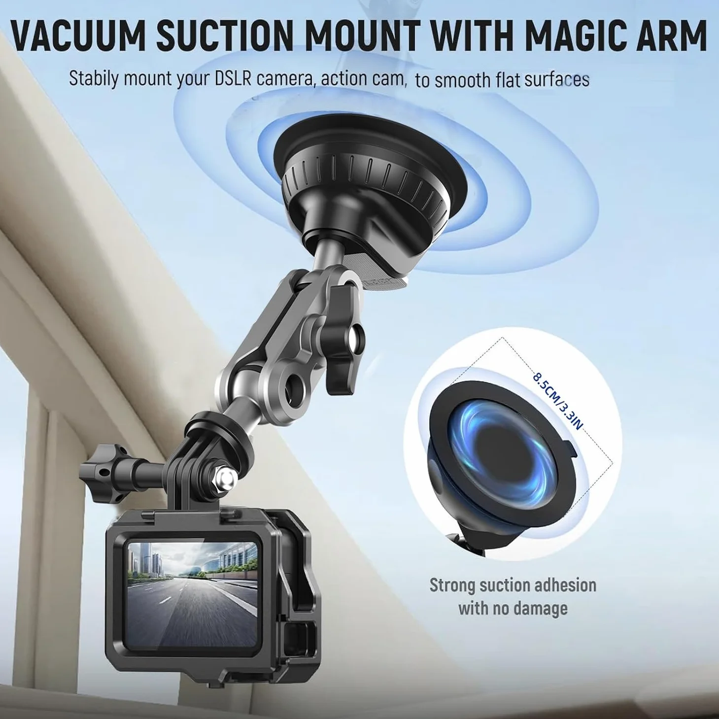 Support de Voiture à Ventouse pour GoPro Hero 13/12/11, Double Rotule 360°, Vis 1/4 Pouce, Compatible Insta360 X5/X4, DJI Osmo Action