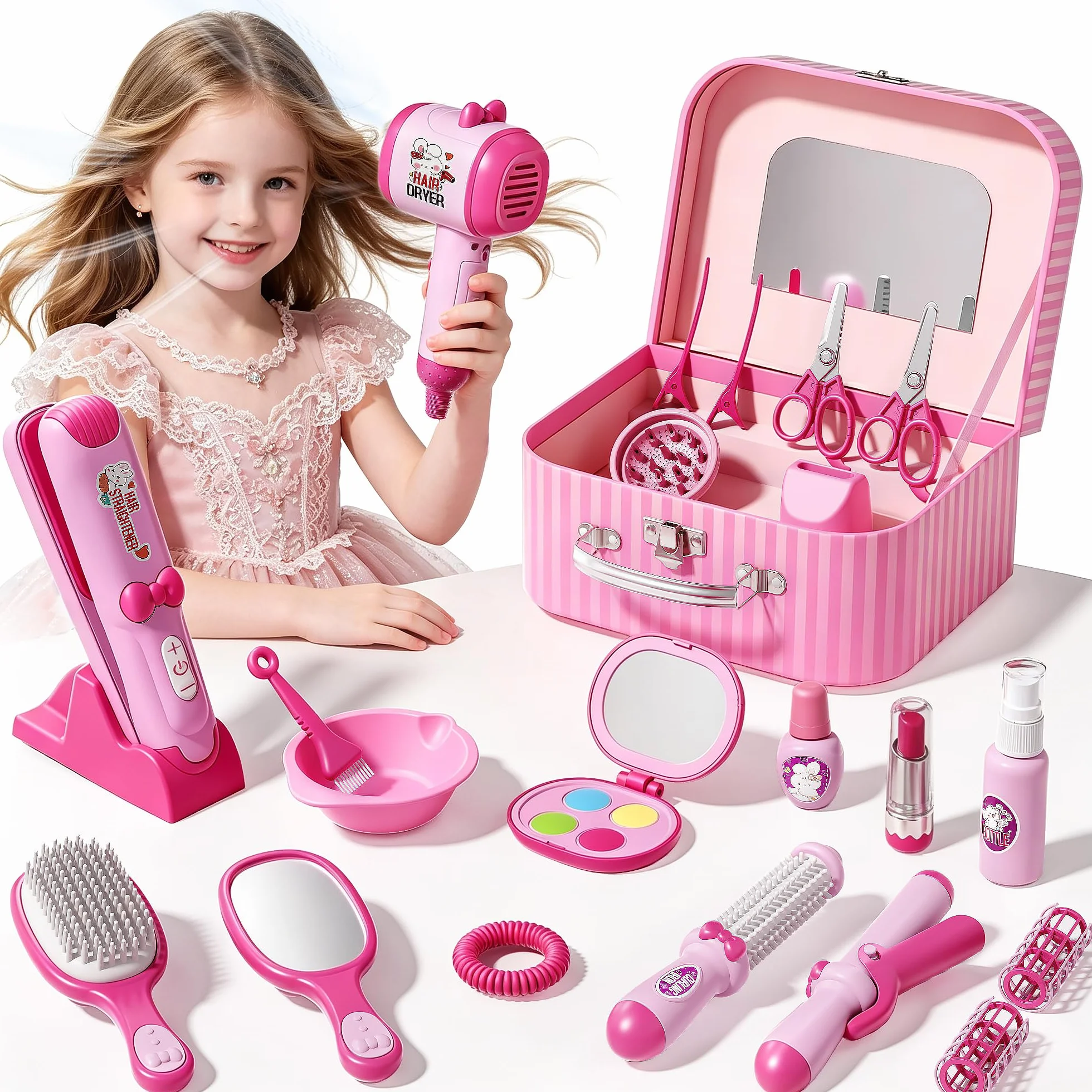 Kit de Salon de Coiffure pour Filles, 28 Pièces Jouets avec Son et Lumières, Jeu de Rôle 3-8 Ans