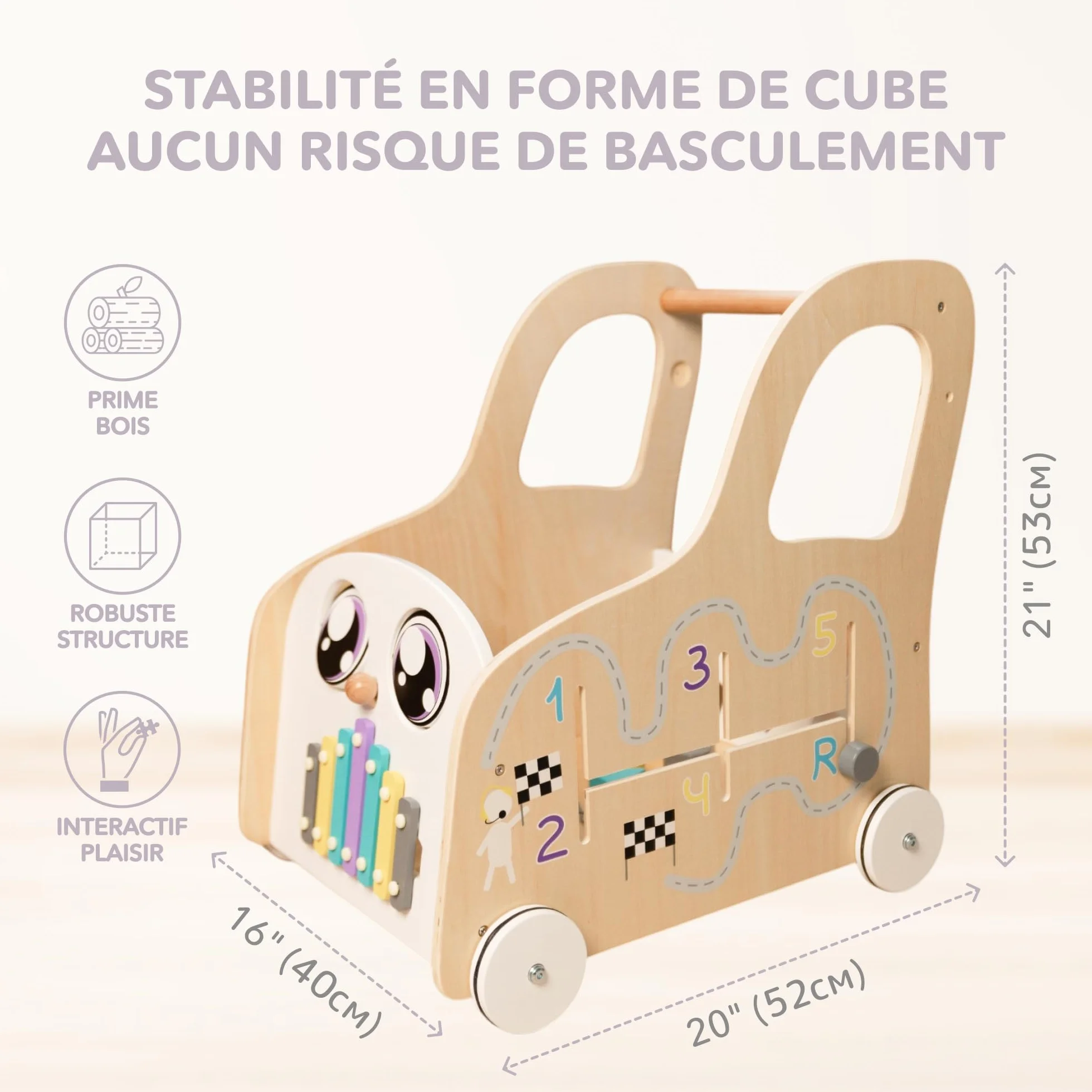 Chariot en Bois Cateam avec Tableau d'Activités Montessori - Jouet à Pousser et Tirer Centre d'Activités Éducatives
