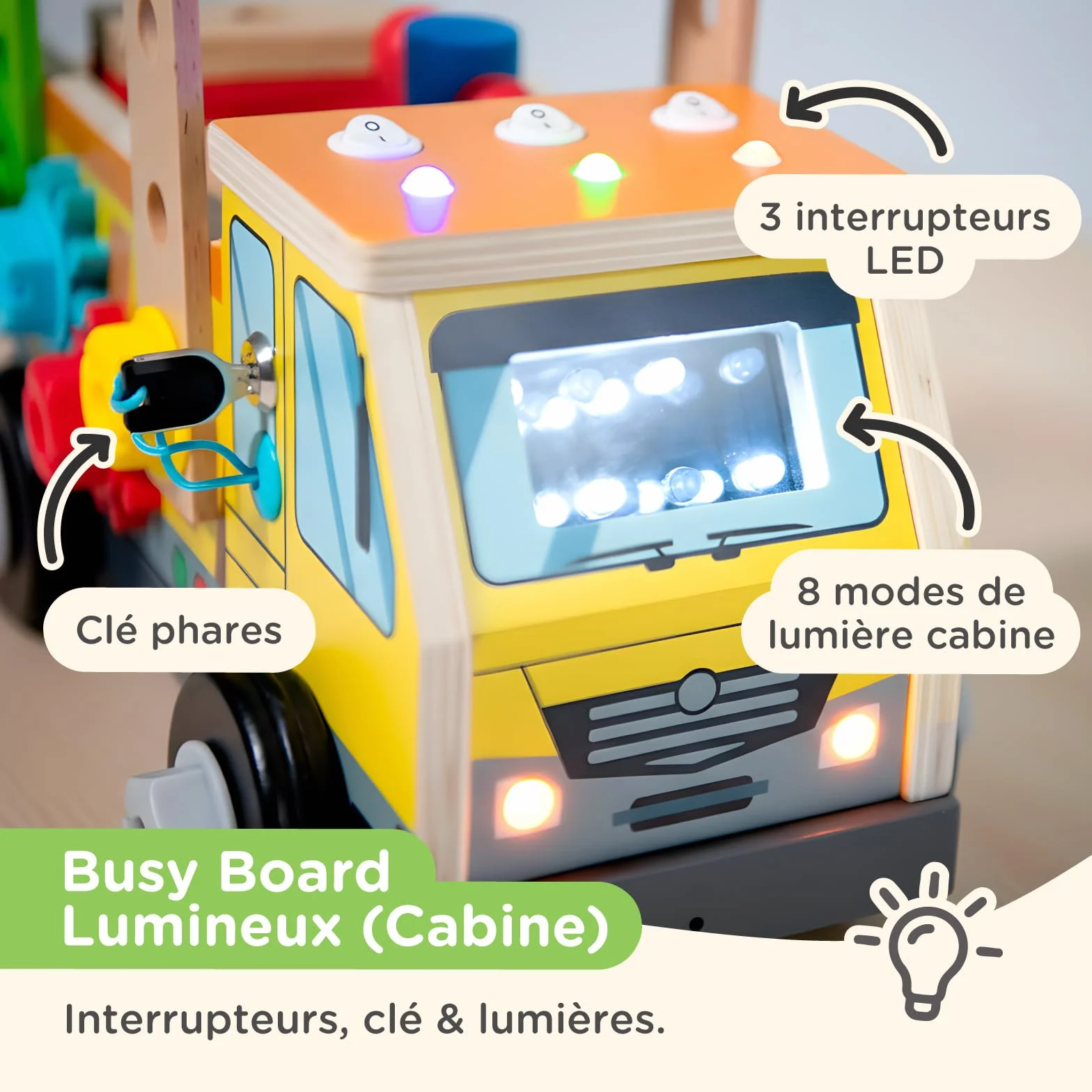 Nene Toys Camion Busy Board Montessori – Tableau d’Activités & Caisse à Outils en Bois FSC® avec 3 Interrupteurs LED, 8 Modes – Jouet à Tirer, Construction, Motricité, 2-6 Ans