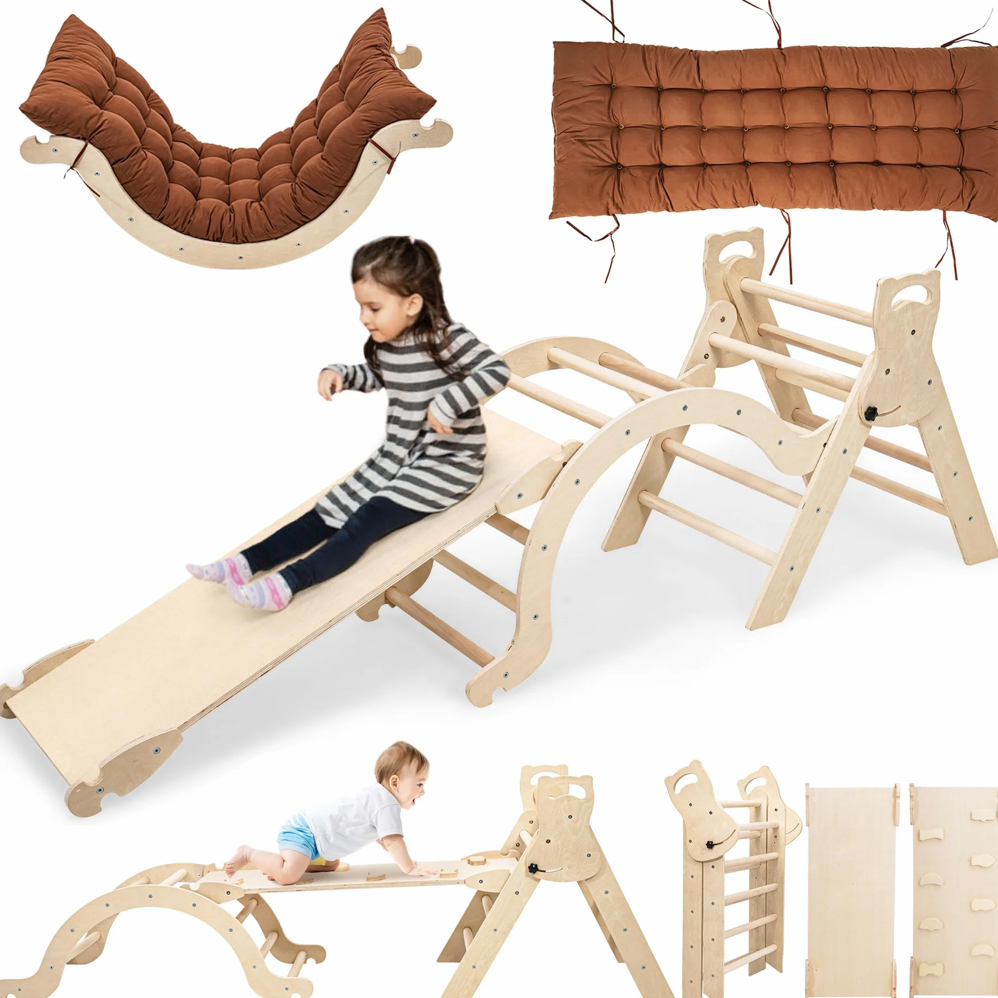 Arche Montessori Escalade Enfant Bebe Jeux en Bois Hêtre avec Toboggan Échelle Coussin Aire de Jeux Interieur 1 2 3 4 Ans