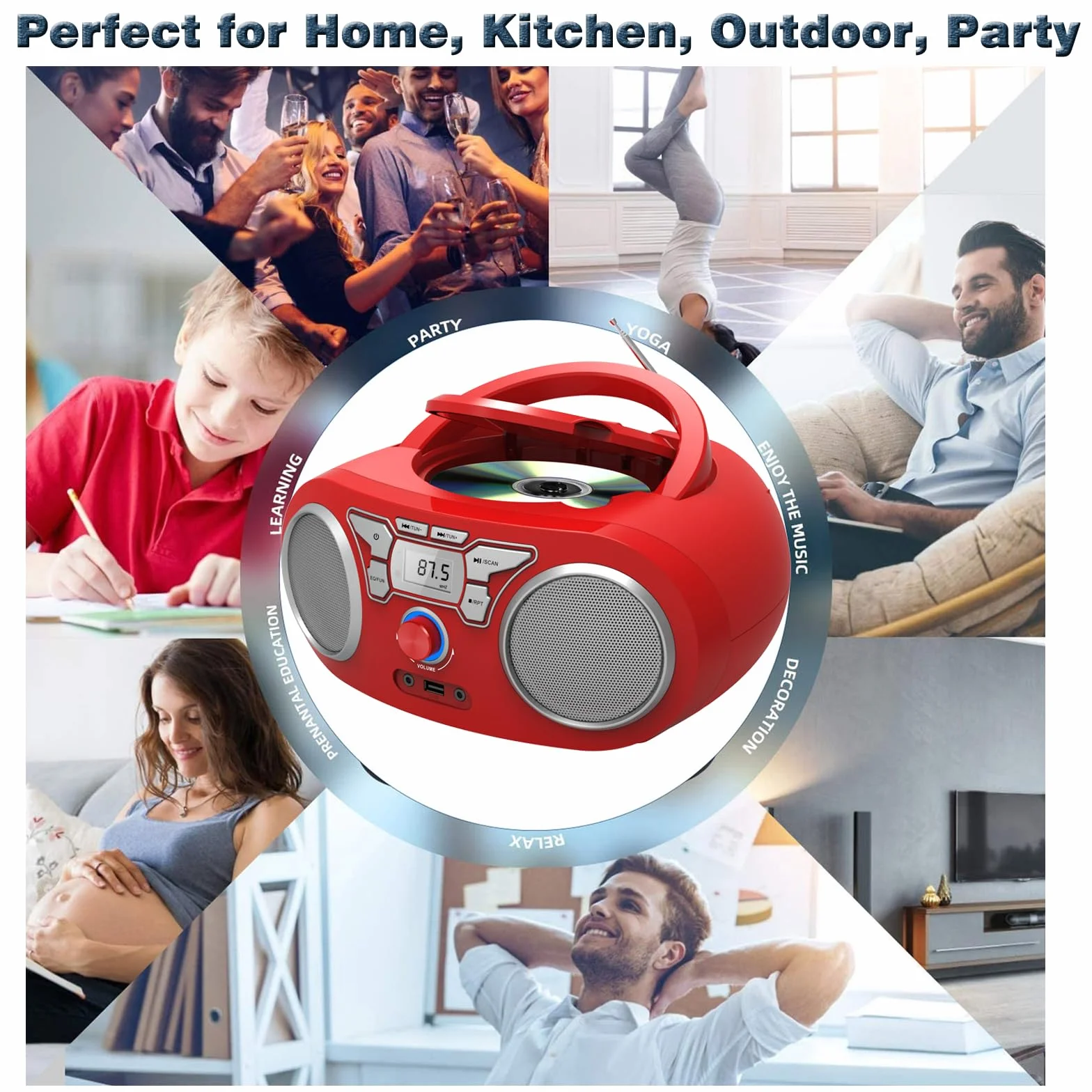 Lecteur CD Bluetooth Radio FM Stéréo Portable avec USB AUX MP3 CD-R