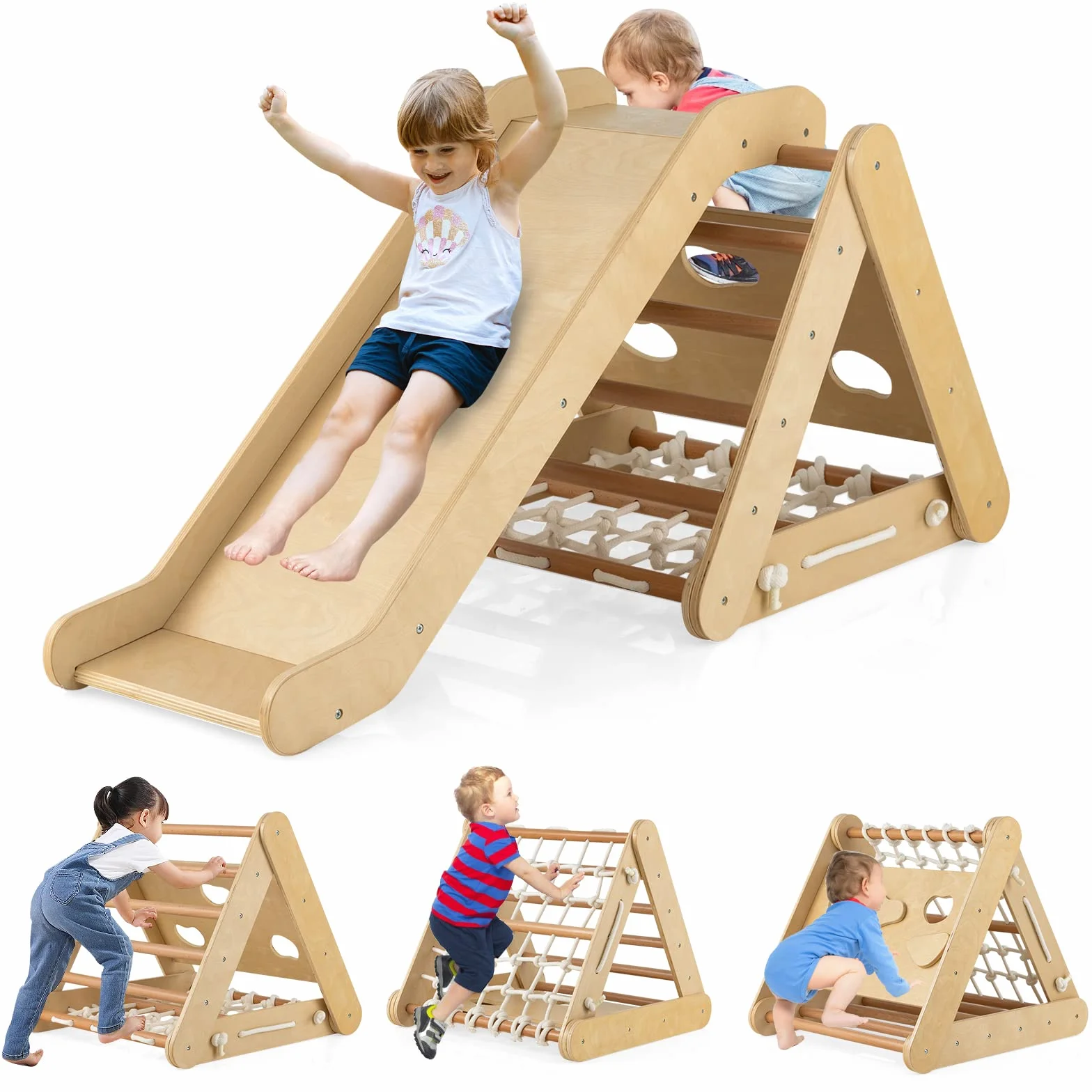 GOPLUS Triangle d'Escalade Montessori Enfants avec Filet à Grimper, Planche et Échelle, Toboggan, Charge 50KG, Aire de Jeux Intérieur pour Bébé 1 an+