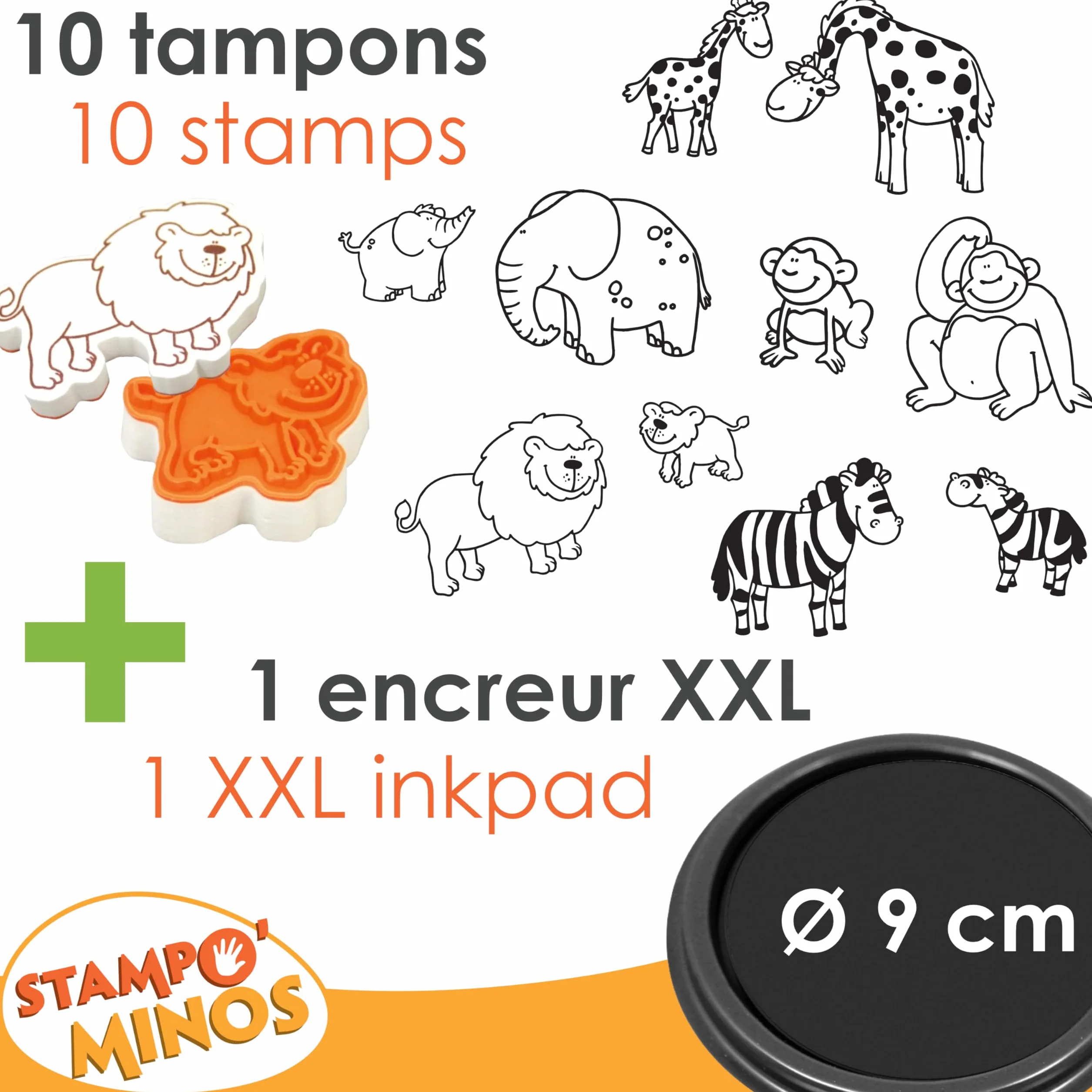 Aladine Stampominos 10 Tampons Animaux de la Savane Encre Lavable Enfant dès 3 ans Lion Girafe Éléphant