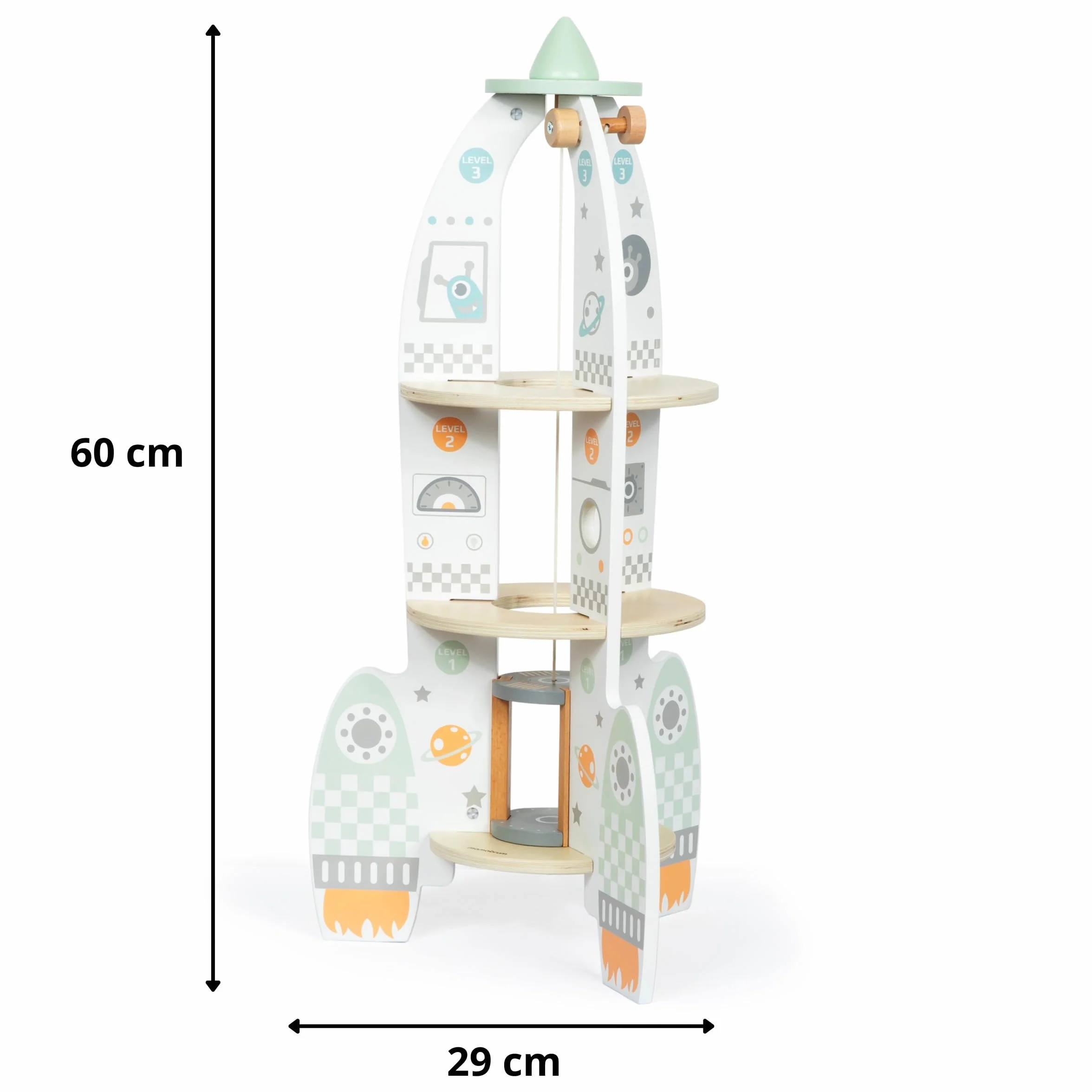 mamabrum Fusée Spatiale en Bois XXL - Jouet 3 Ans et Plus avec Ascenseur, 2 Astronautes, Robot, Extraterrestre - 60cm Hauteur - Centre de Contrôle et Salle Machines