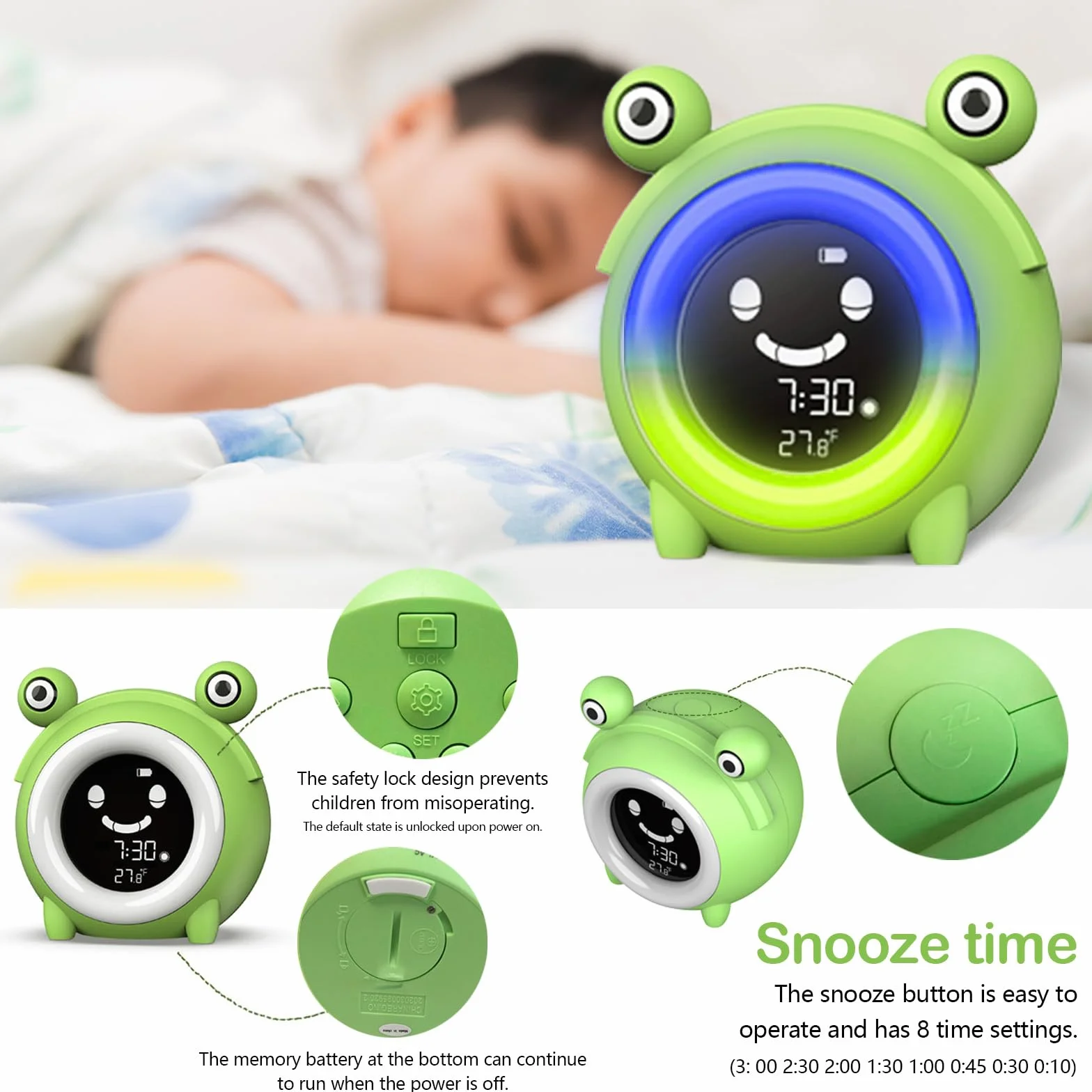 Réveil Enfant Éducatif Jour Nuit avec Emoji, Lampe de Chevet LED 5 Couleurs, Musique, Température, Snooze pour 2-10 Ans