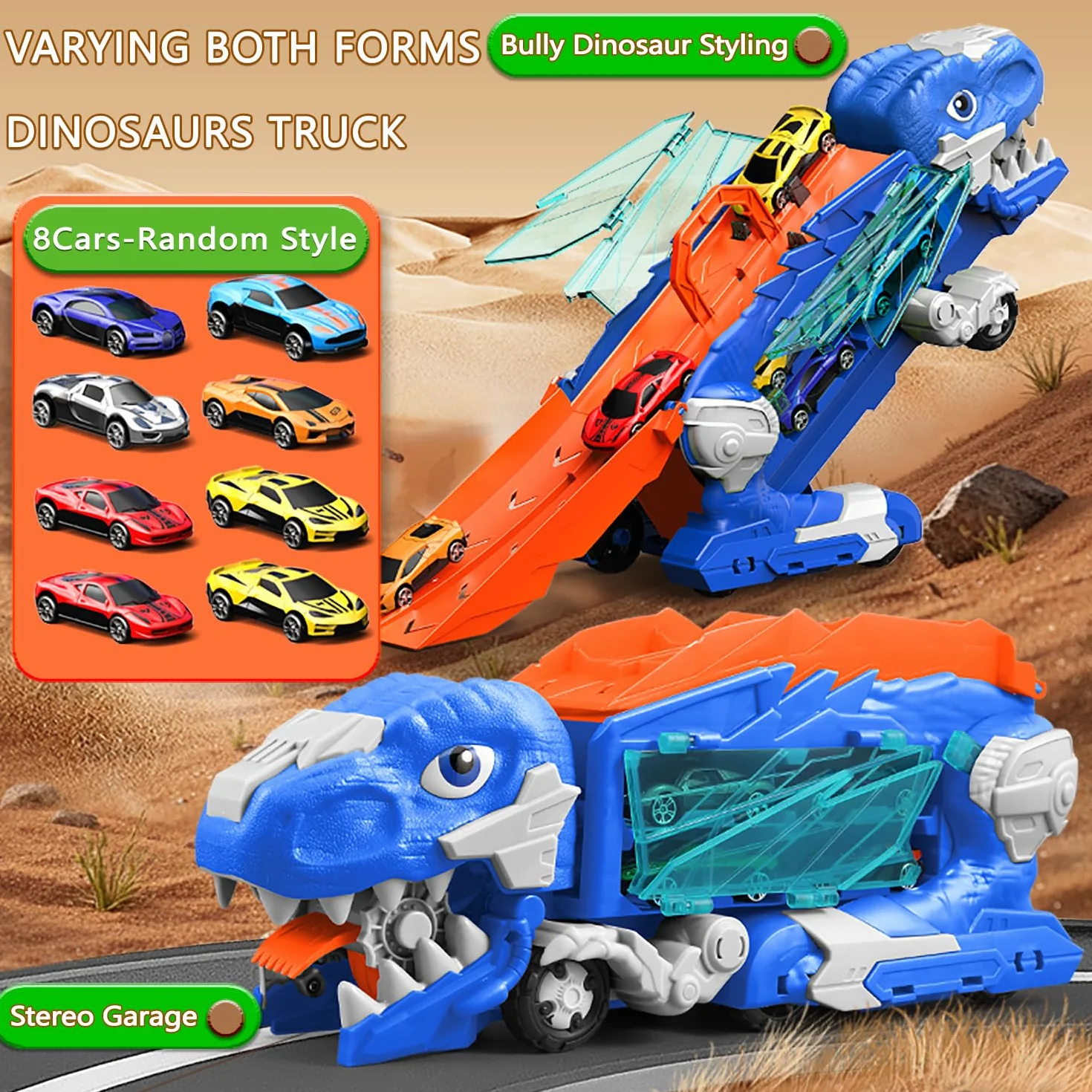Dinosaure Camion Jouet avec 8 Voitures, Garage Circuit de Course Transporteur Cadeau