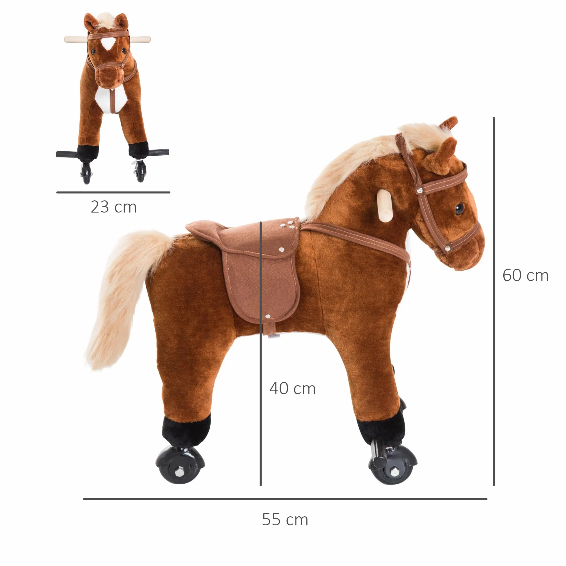 HOMCOM Cheval en Peluche pour Enfant +24 Mois avec Effet Sonore, Repose-Pieds, Guidon, Charge 60 kg, 55x23x60 cm, Marron