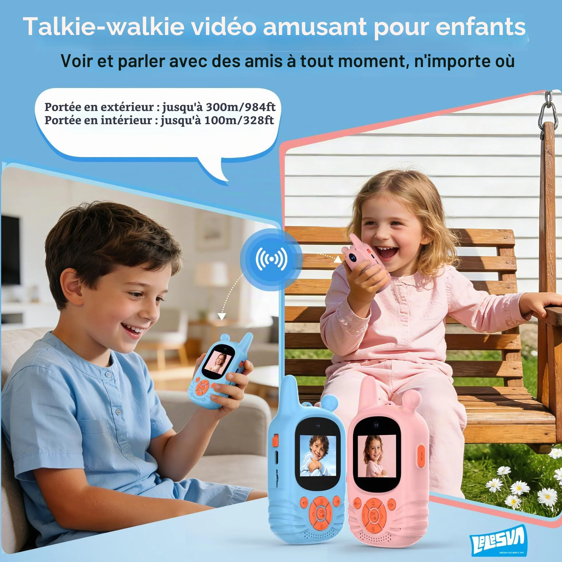 Walkie-talkies vidéo enfants HD double caméra rechargeable portée 300 m pack de 2