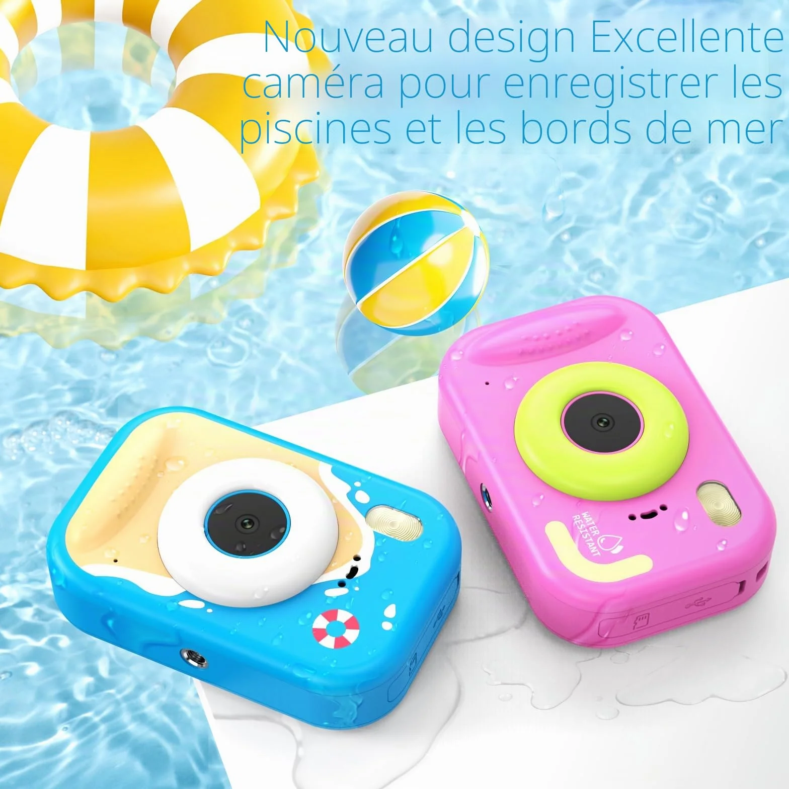 Appareil Photo Enfant Étanche 48MP 1080P Caméra sous-Marine 2,4 Pouces LED Flash Carte TF 32 Go Bleu