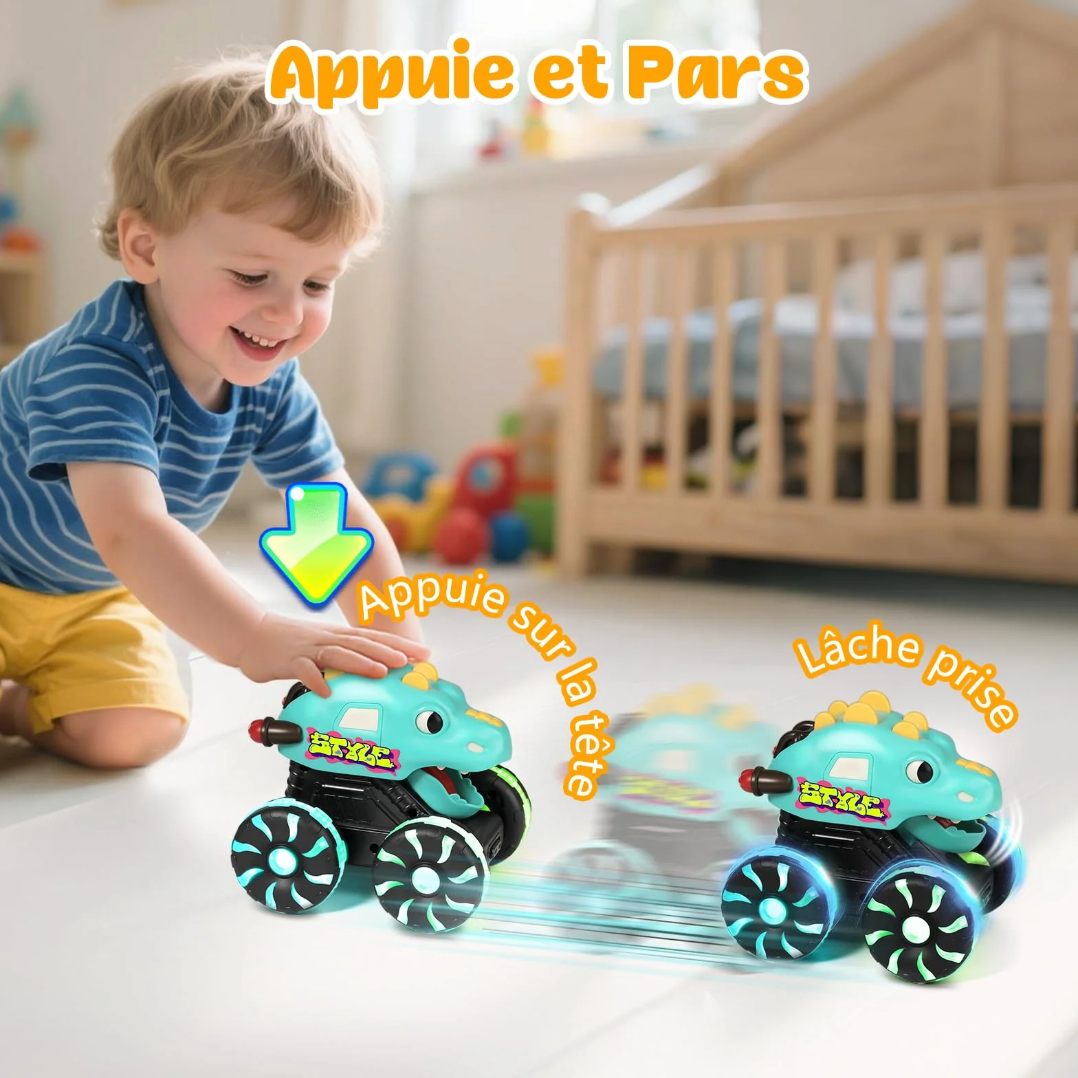 MOONTOY 3 Pièces Dinosaure Jouet Monstre Voiture Lumineuse à Pression pour Bébé 1 an