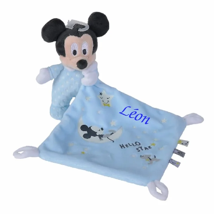 Peluche Mickey lumineux bleu 40 cm avec mouchoir Doudou personnalisé