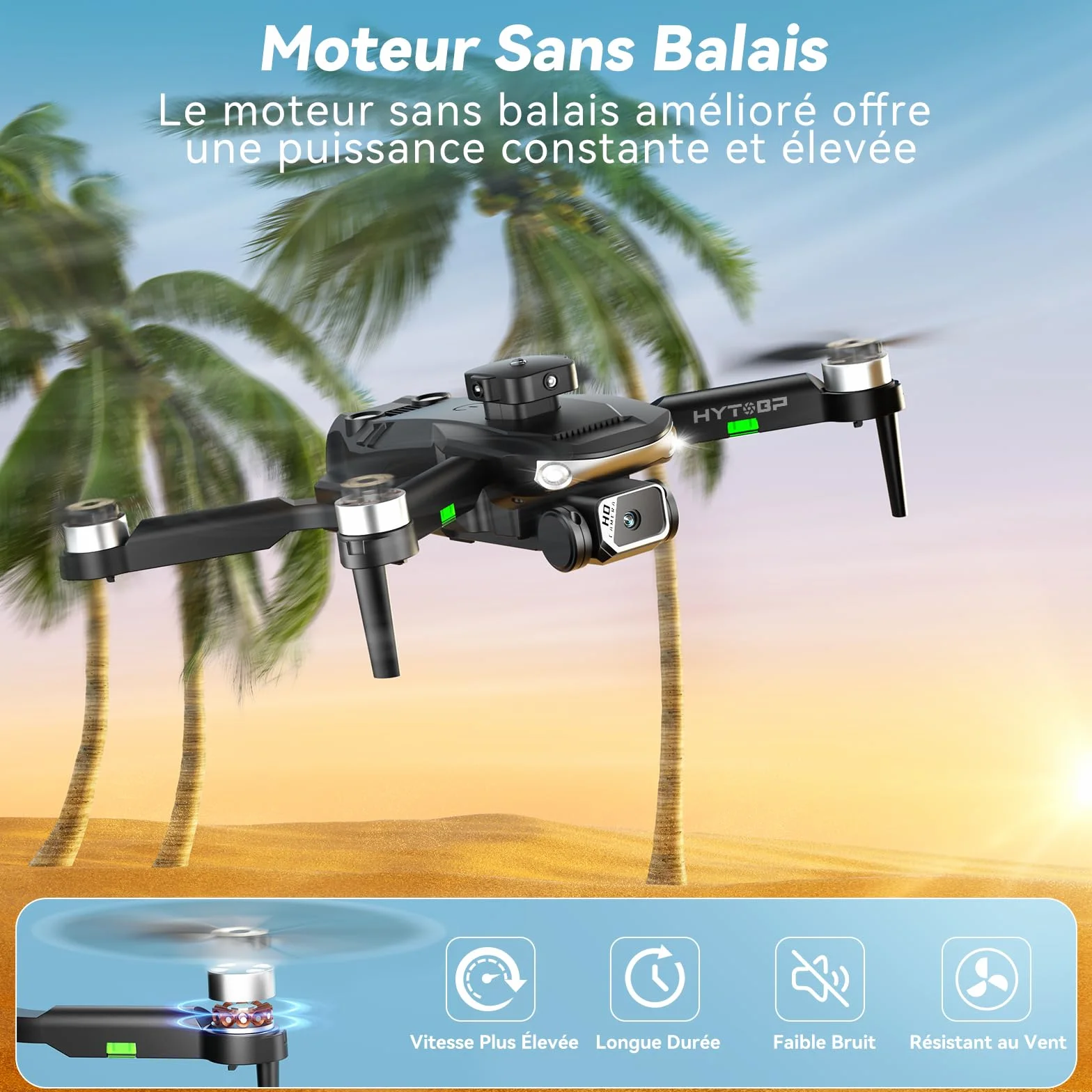 Drone avec caméra 1080p, moteur sans balais, caméra réglable électriquement à 90°, maintien de flux optique, vrille à 360°, 3 batteries, protection d'hélices, drone pour adultes (noir)