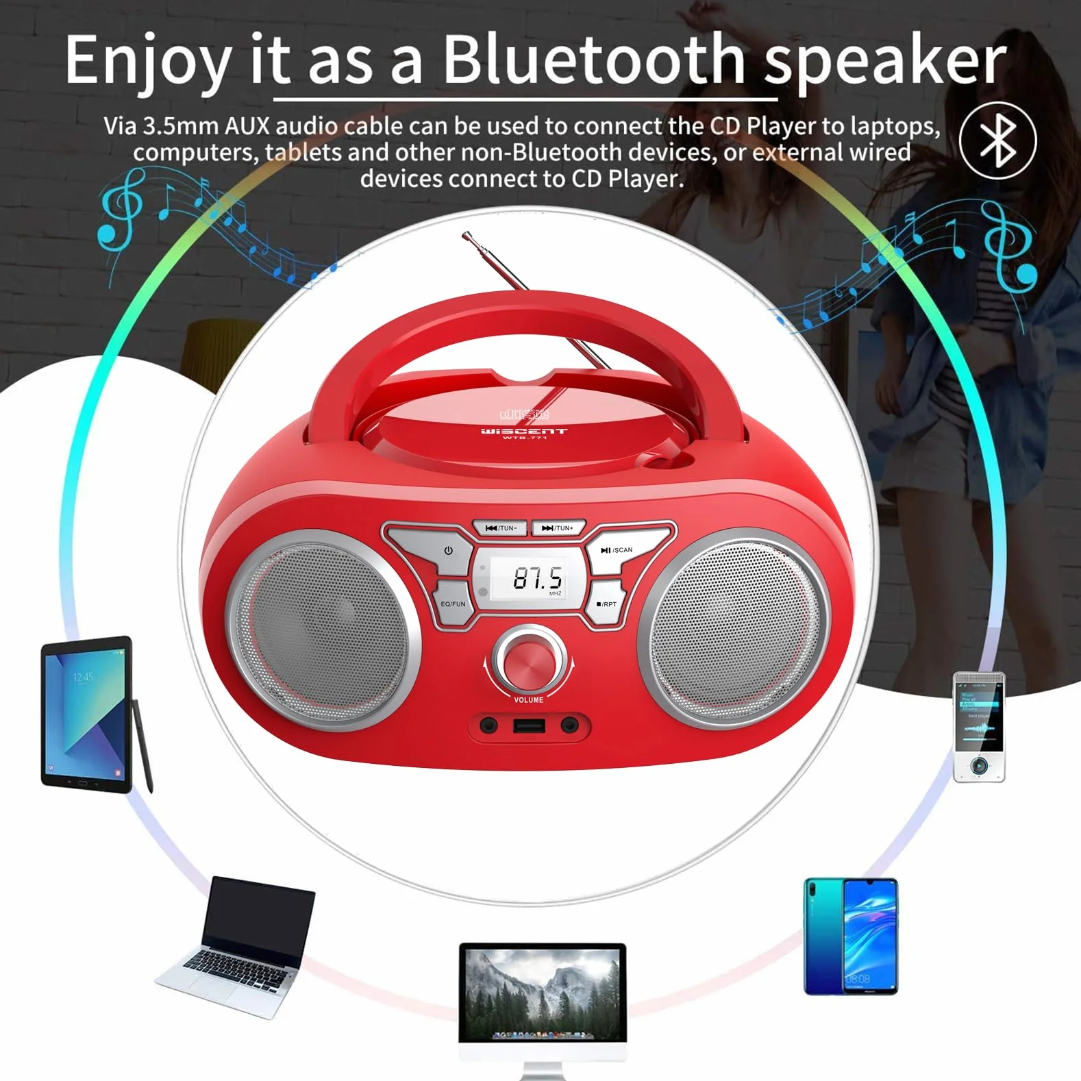 Lecteur CD Bluetooth Radio FM Stéréo Portable avec USB AUX MP3 CD-R
