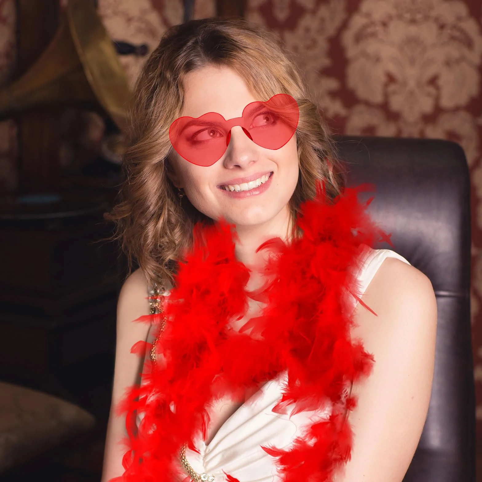 Lot de 2 boas en plumes artificielles avec lunettes en forme de cœur, décorations pour accessoires de danse - 2 m