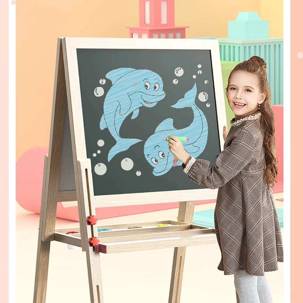 Dripex Tableau Enfant Double Face, Chevalet Bois Réglable Hauteur Tableau Noir et Blanc avec Craie Aimants, Jouet Educatif Créatif pour Garçon Fille 3+ Ans 55x55CM