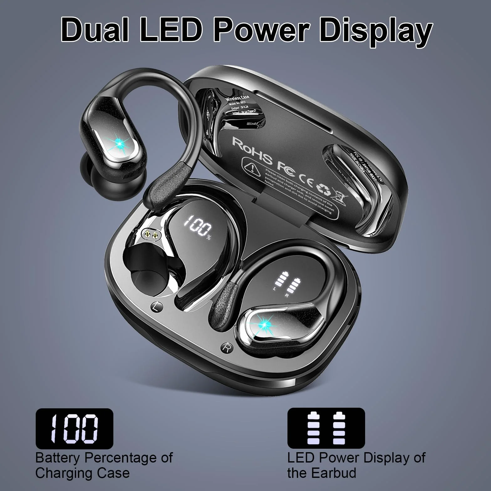 Ecouteurs Bluetooth Sans Fil Sport 5.4, 75Hrs Stéréo HiFi 3D, ENC Réduction de Bruit, IP7, USB-C, Casque Running LED