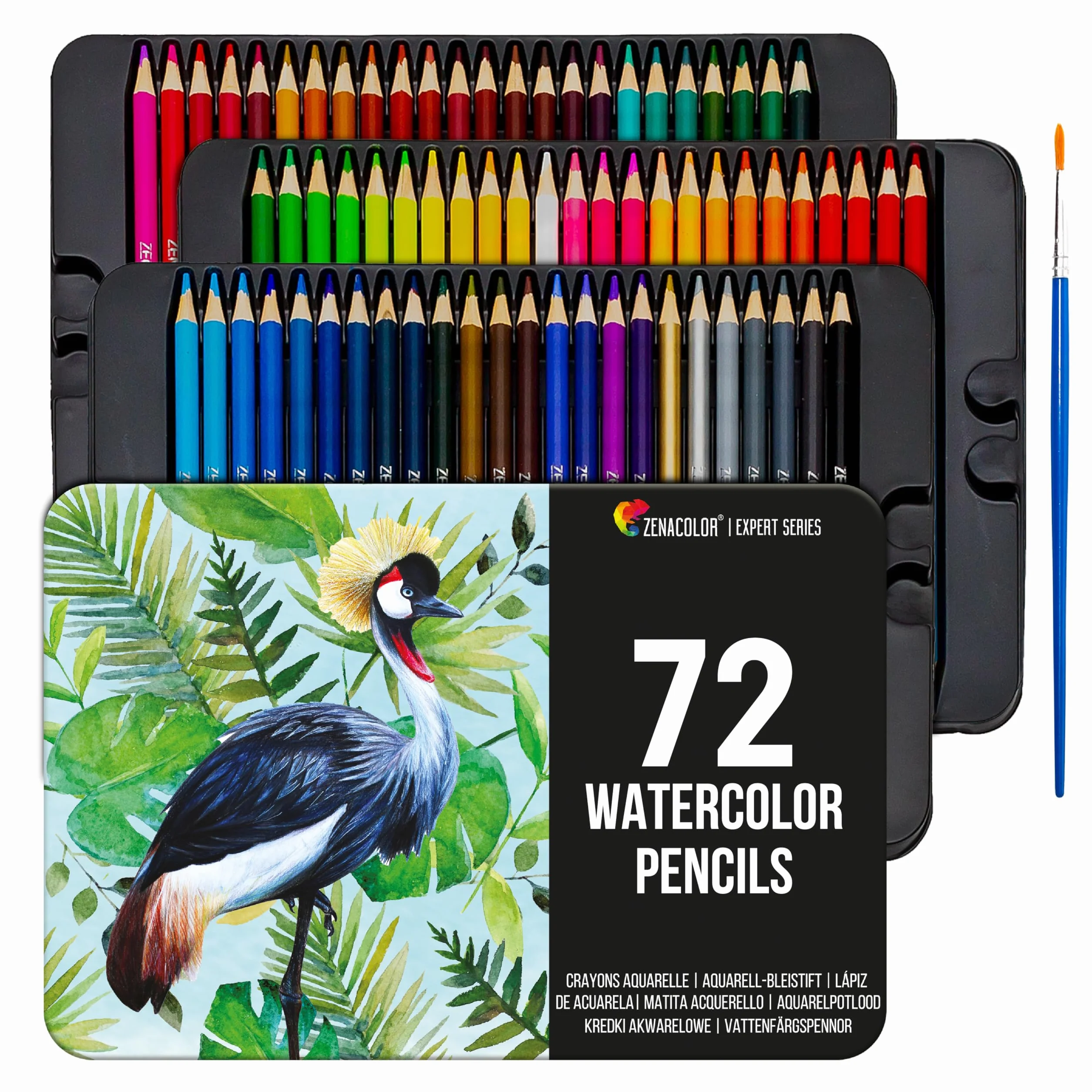 Zenacolor 72 Crayons Aquarellables, Set de 72 Couleurs Uniques, Pinceau et Boîte en Métal