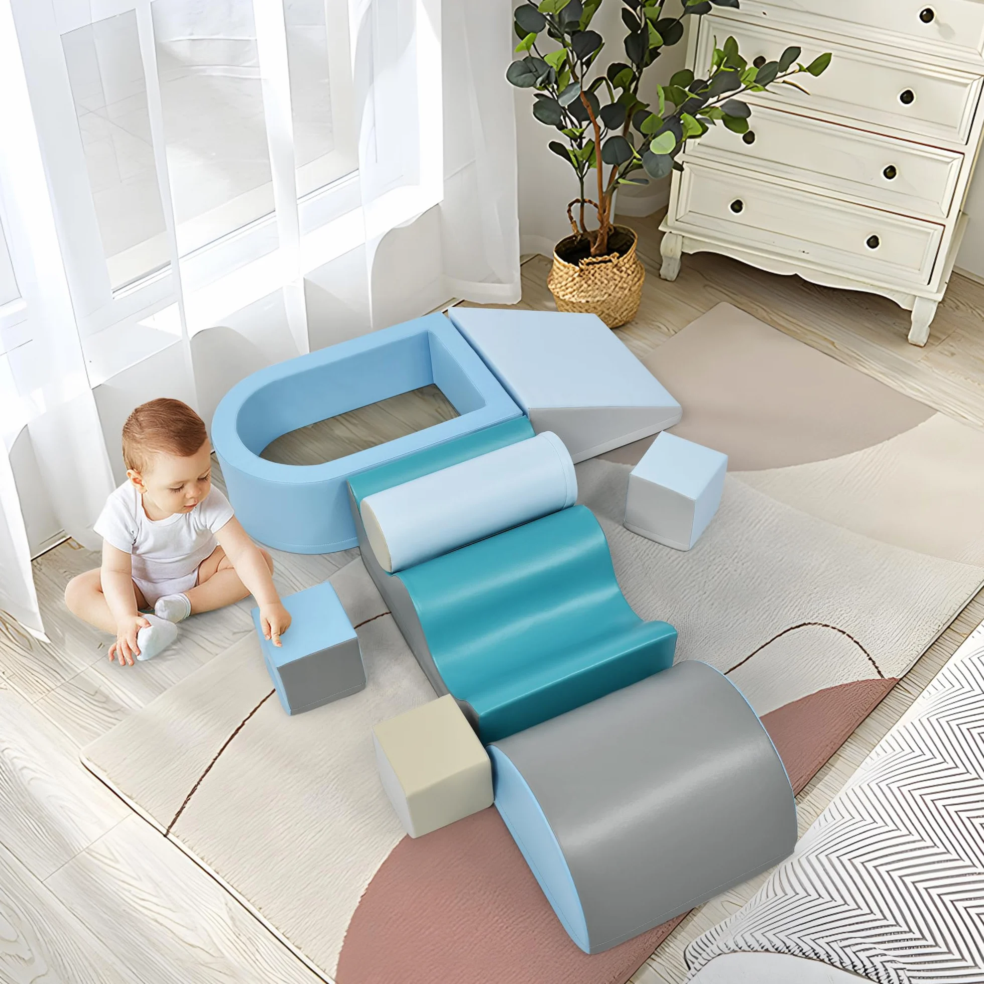 Parcours Motricité Bébé 6 Blocs Mousse Modulables Grimper Glisser Ramper Jouet Éveil Sensoriel Bleu 60x50x40