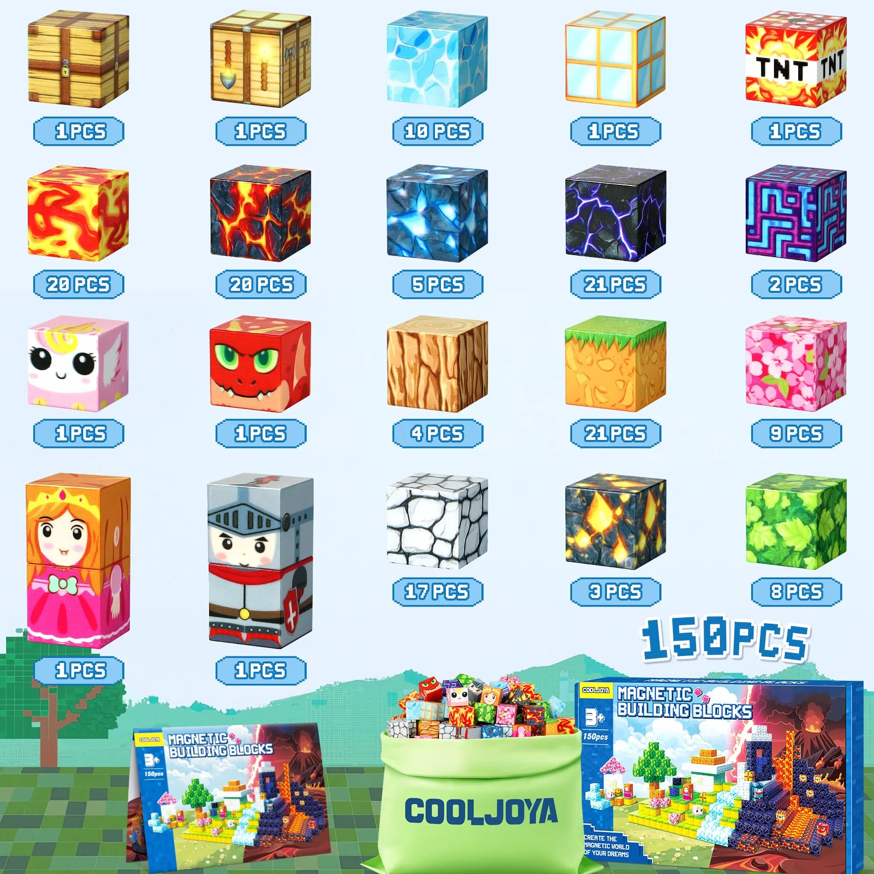 COOLJOYA Construction Magnétique Enfant 150 Pièces Ensemble de Cubes Magnétiques Jouet Créatif Montessori 3 Ans