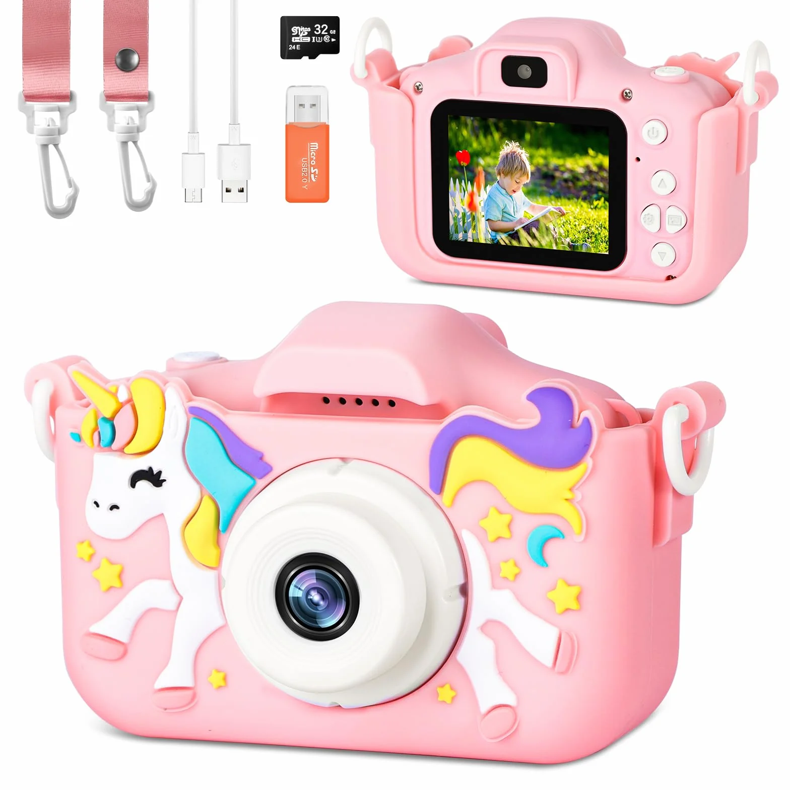 Appareil Photo Numérique Enfant 2,0" 1080p 32 Go Carte SD Selfie Rechargeable Caméscope Jouet Licorne