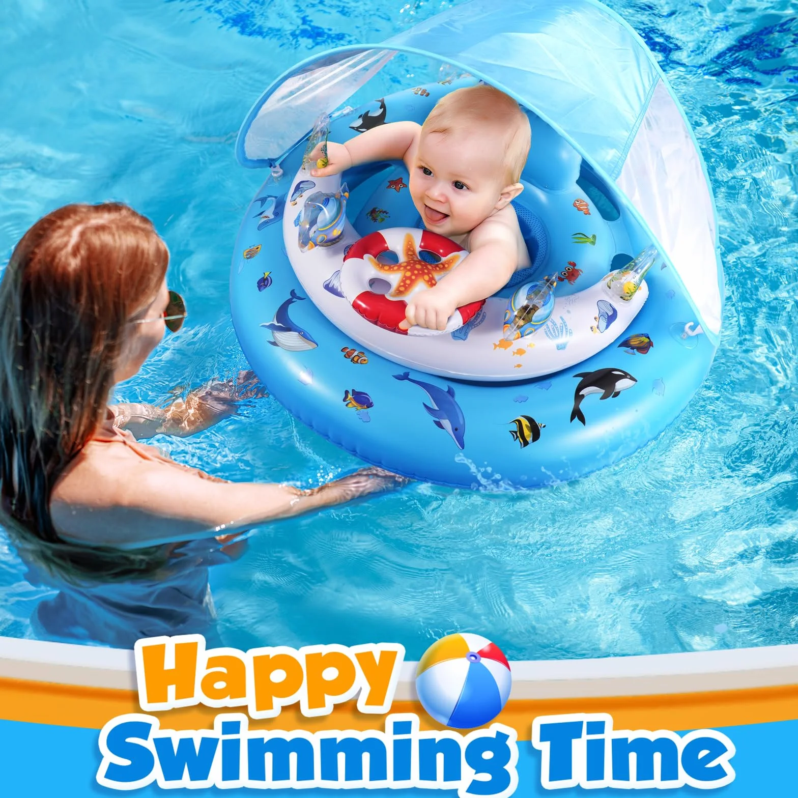 GLOPUS Bouée Bébé Piscine avec Pare Soleil UPF 50+ pour 6 à 36 Mois