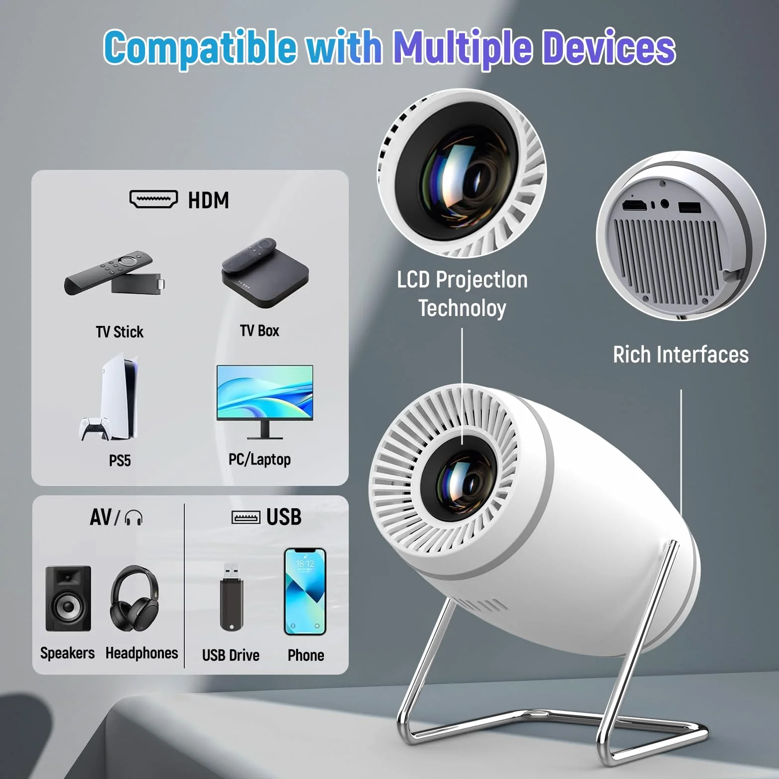 Vidéoprojecteur 4K Mini Projecteur Portable WiFi 6 BT 5.4, Auto Keystone, 130 Pouces, 180° Rotation HDMI/USB/PS5