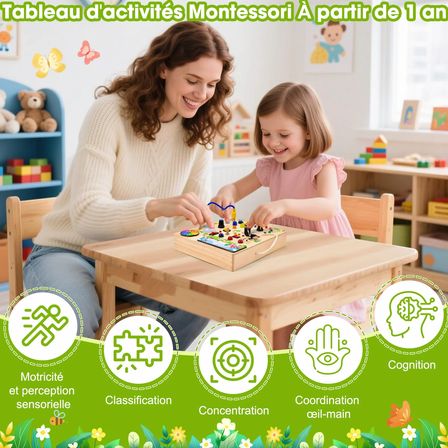 Busy Board Jouet Montessori 1 an, Jouet Enfant en Bois à Partir de 2 Ans, Planche Montessori avec 29 LED Jouets Sensoriel
