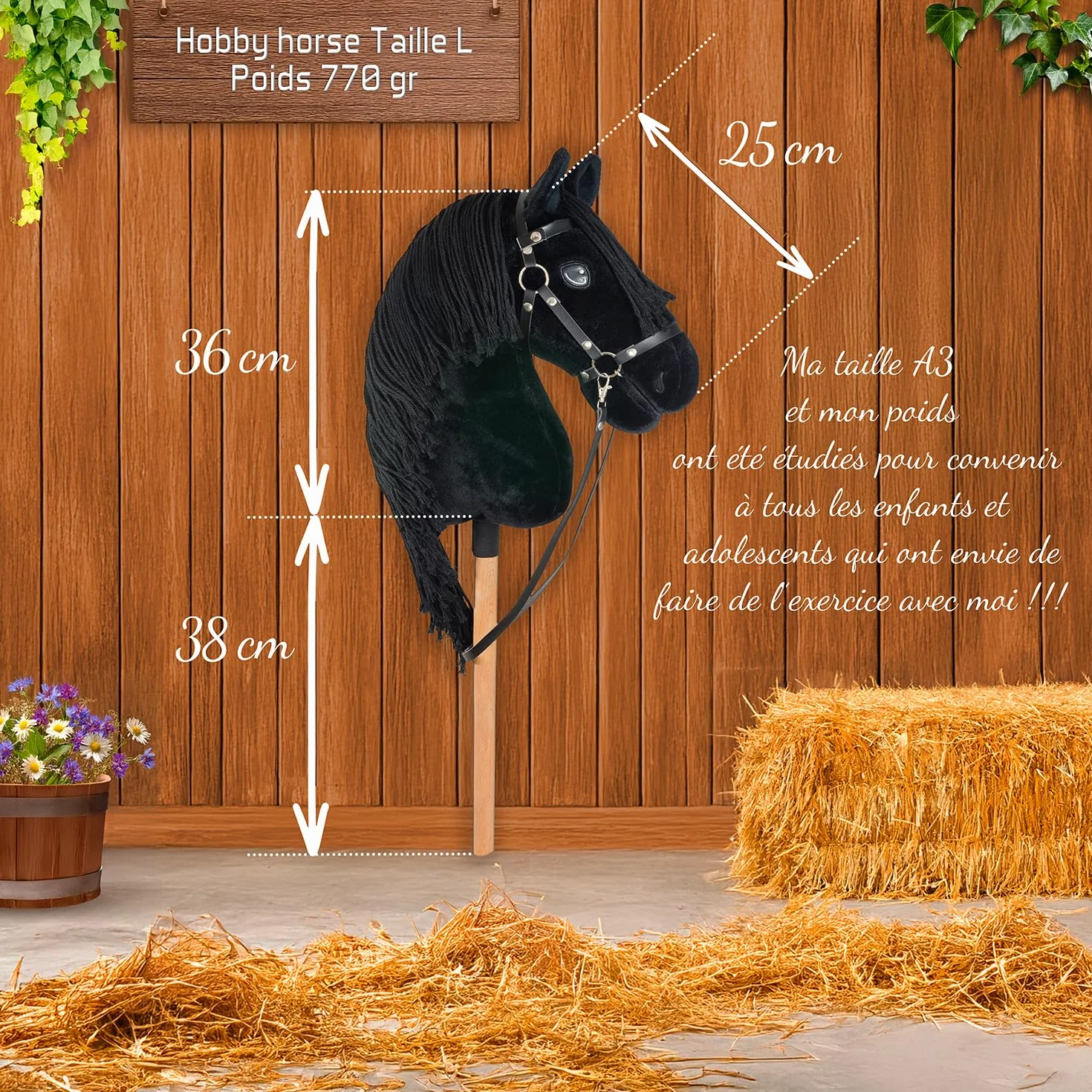 Hobby Horse Frison Noir Cheval bâton Complet avec Filet Mors Rêne Licol Bonnet Anti-Insectes