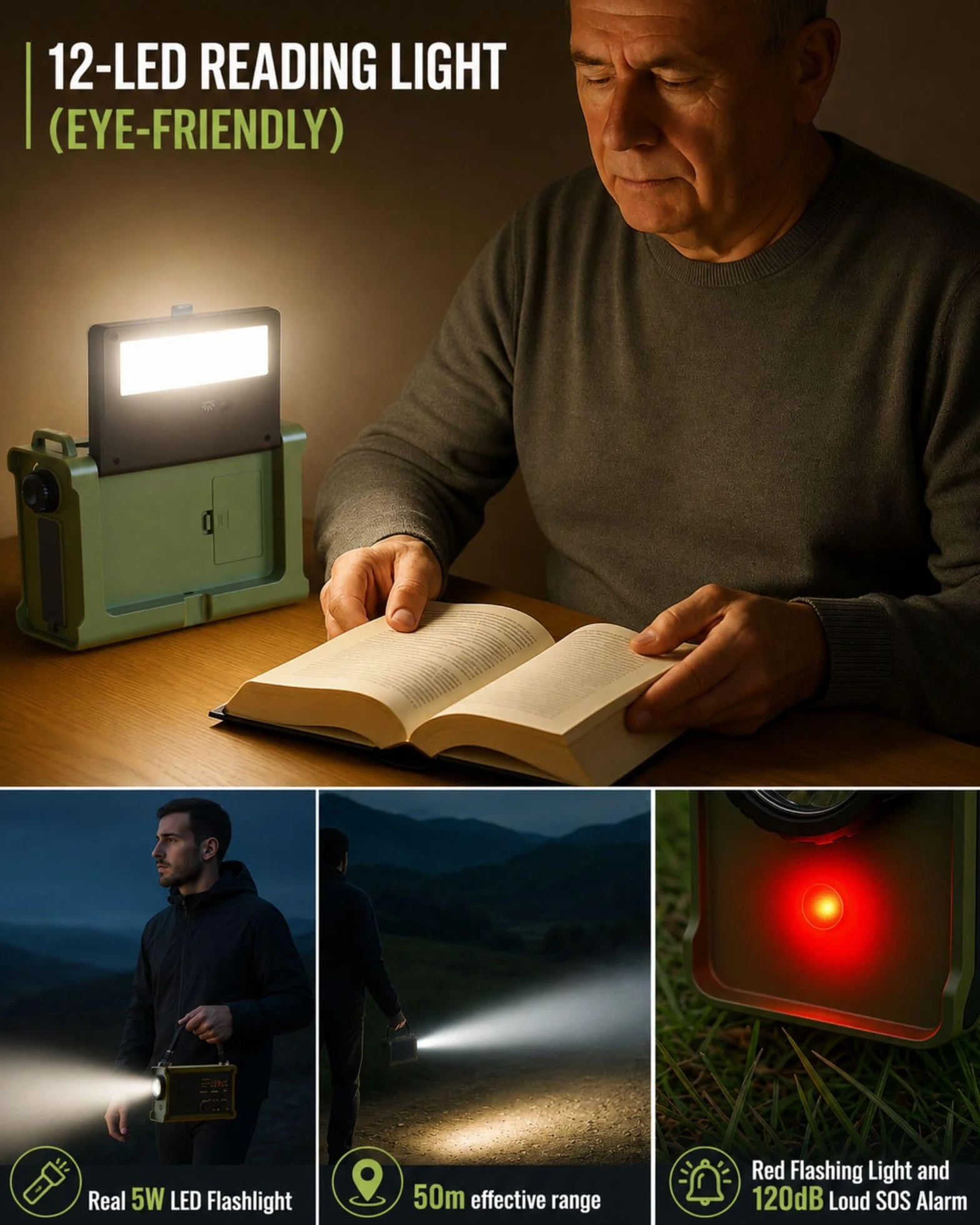 Radio météo d'urgence NOAA solaire à manivelle 12 000 mAh avec lampe LED SOS