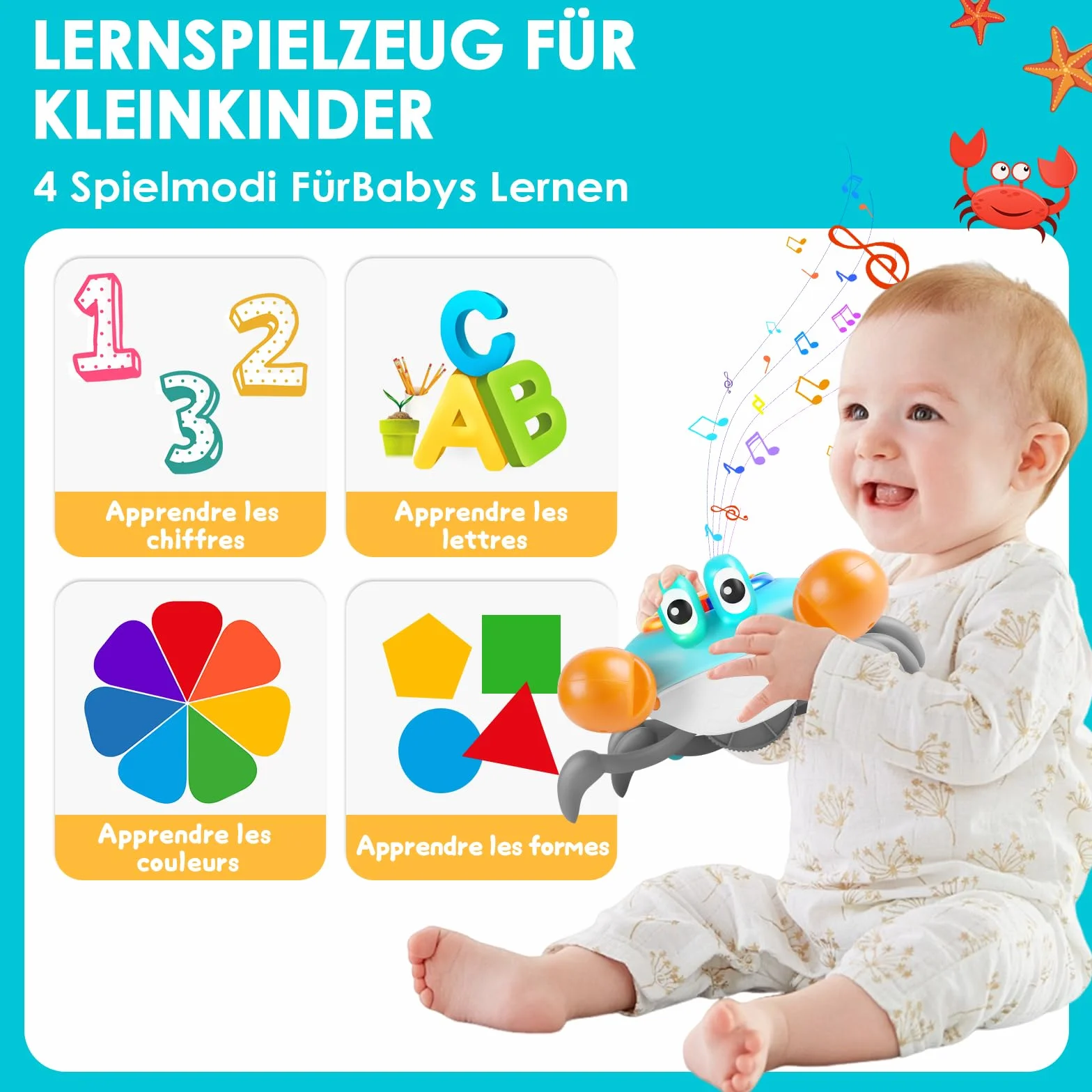 Jouet crabe électronique pour bébé avec musique et évitement des obstacles, cadeau pour enfants 3-7 ans