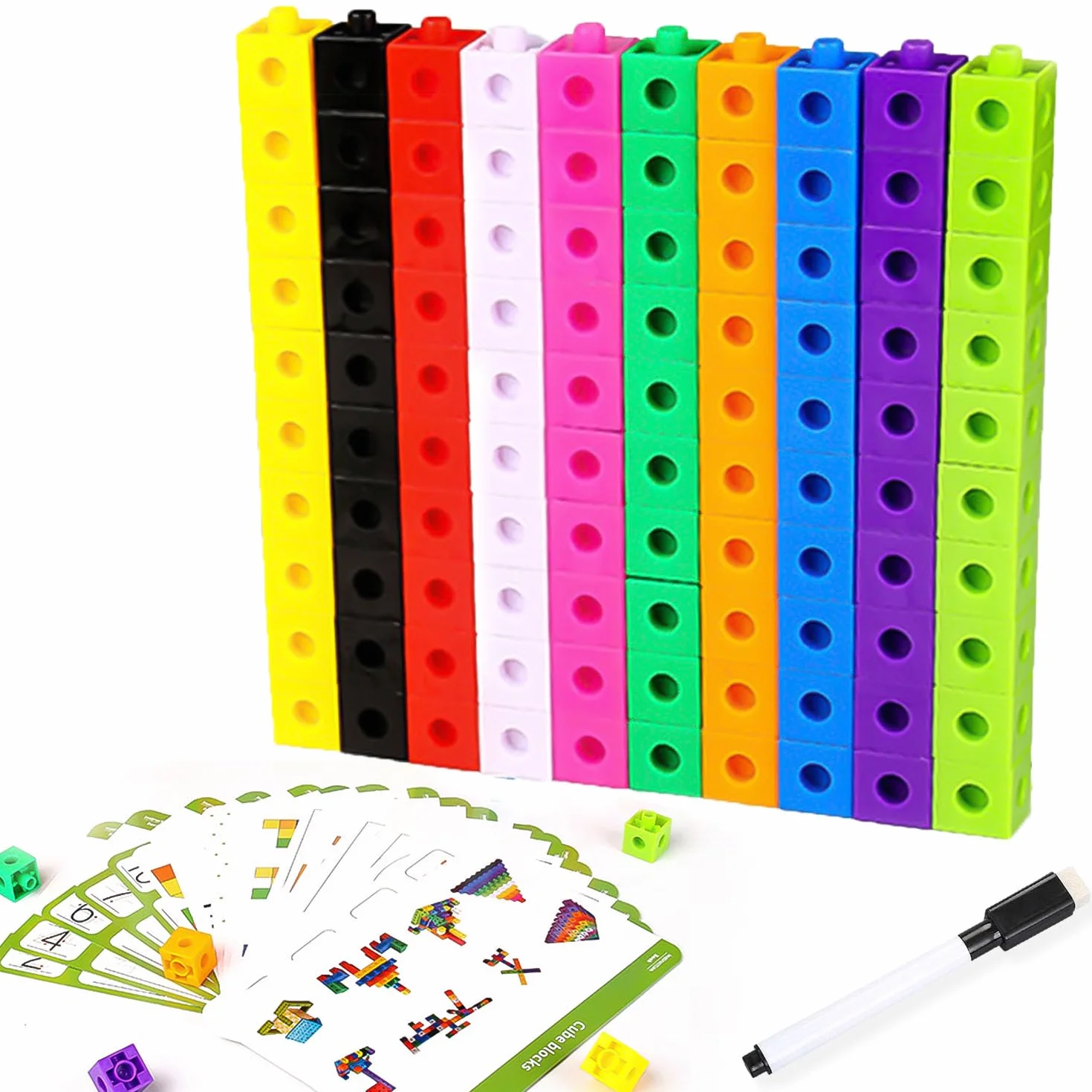 Jeu de 100 Cube Activity Kit, Math Cubes, Cubes pour Compter, Mathematics Enlightenment Toy Blocks, avec 18 Cartes de Questions, Partir de 3 Ans