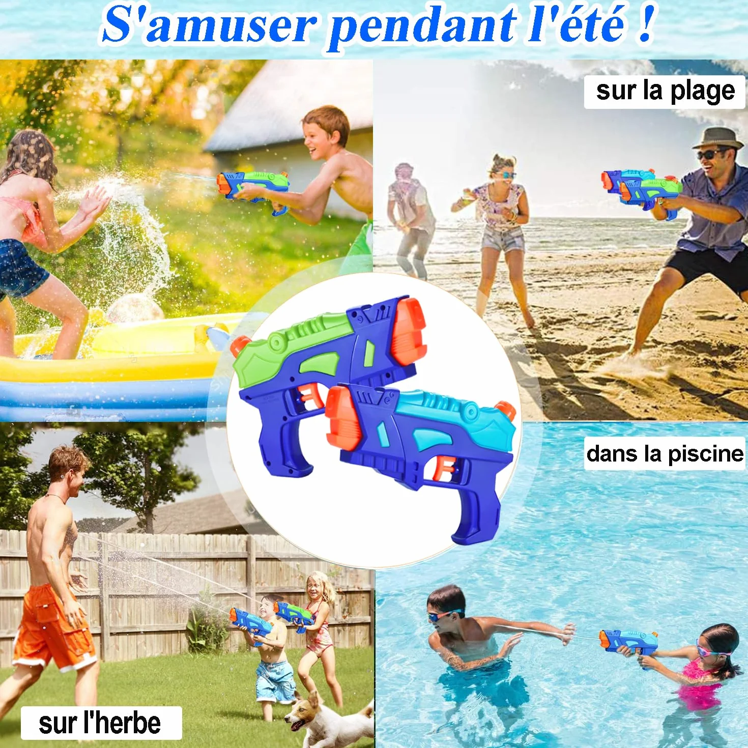 Pistolets à Eau pour Enfants Pack de 2 avec Gâchette pour Piscine Extérieure