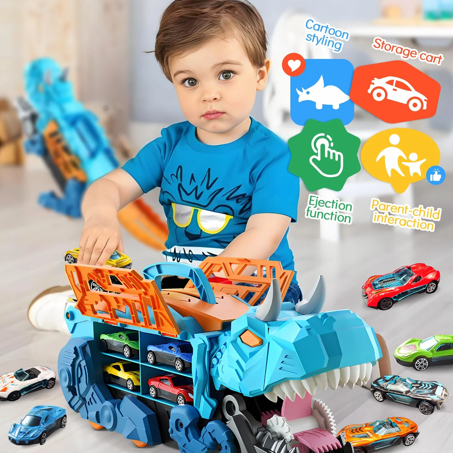 Pardofelis Camion Transporteur Voiture Dinosaure Jouet Portable avec Piste de Course Éjectable 10 Mini Voitures pour Enfants 3-6 Ans Garçons Cadeau