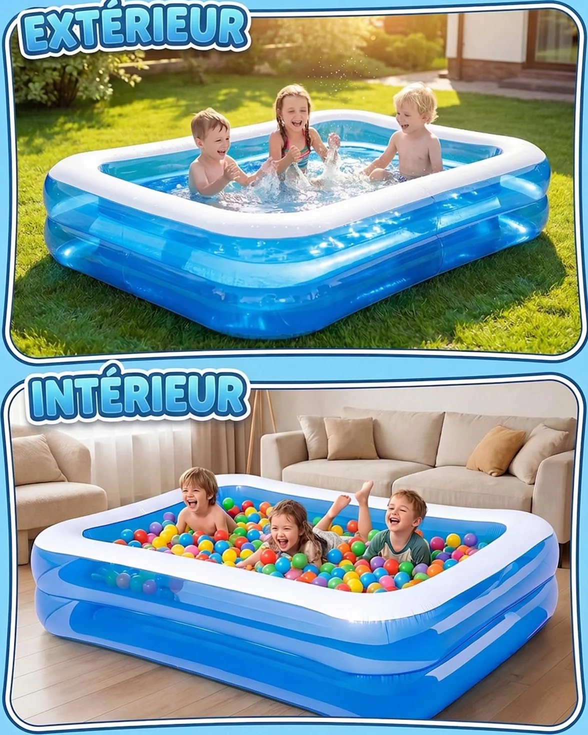 Piscine Gonflable Rectangulaire 200x150x50cm Grande Pataugeoire Familiale Bassin Aquatique d'Été