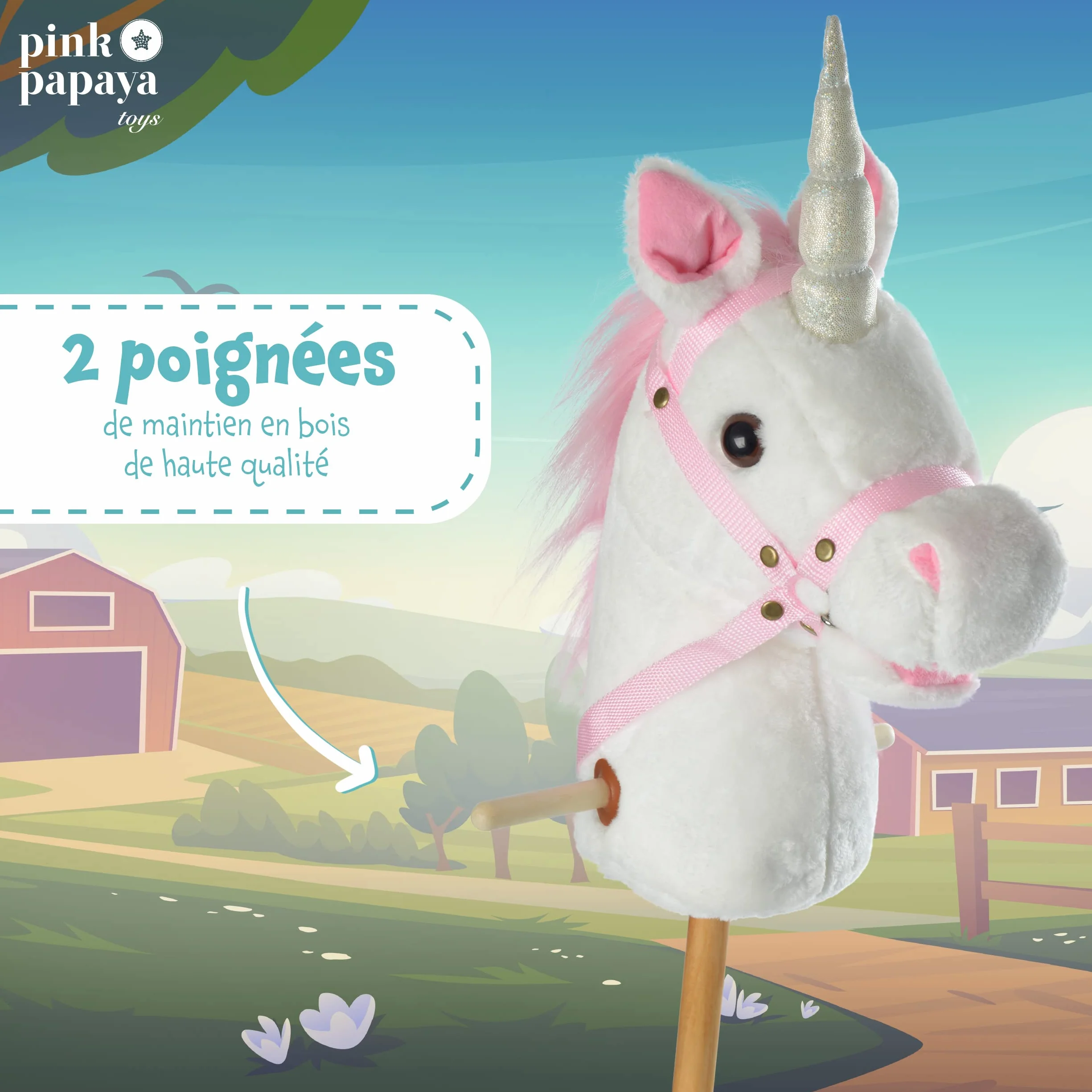 Pink Papaya Cheval bâton Hobby Horse avec tête de Cheval en Peluche Effet sonore hennissement Galop