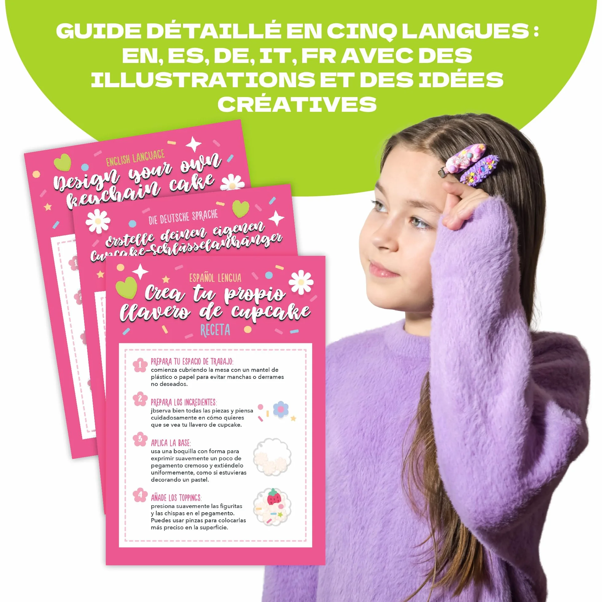 CRAFTY CATS DIY Kit Porte-clés Cupcake et Barrettes 60 pièces, colle crème, charms, anneaux, kits loisirs créatifs enfants