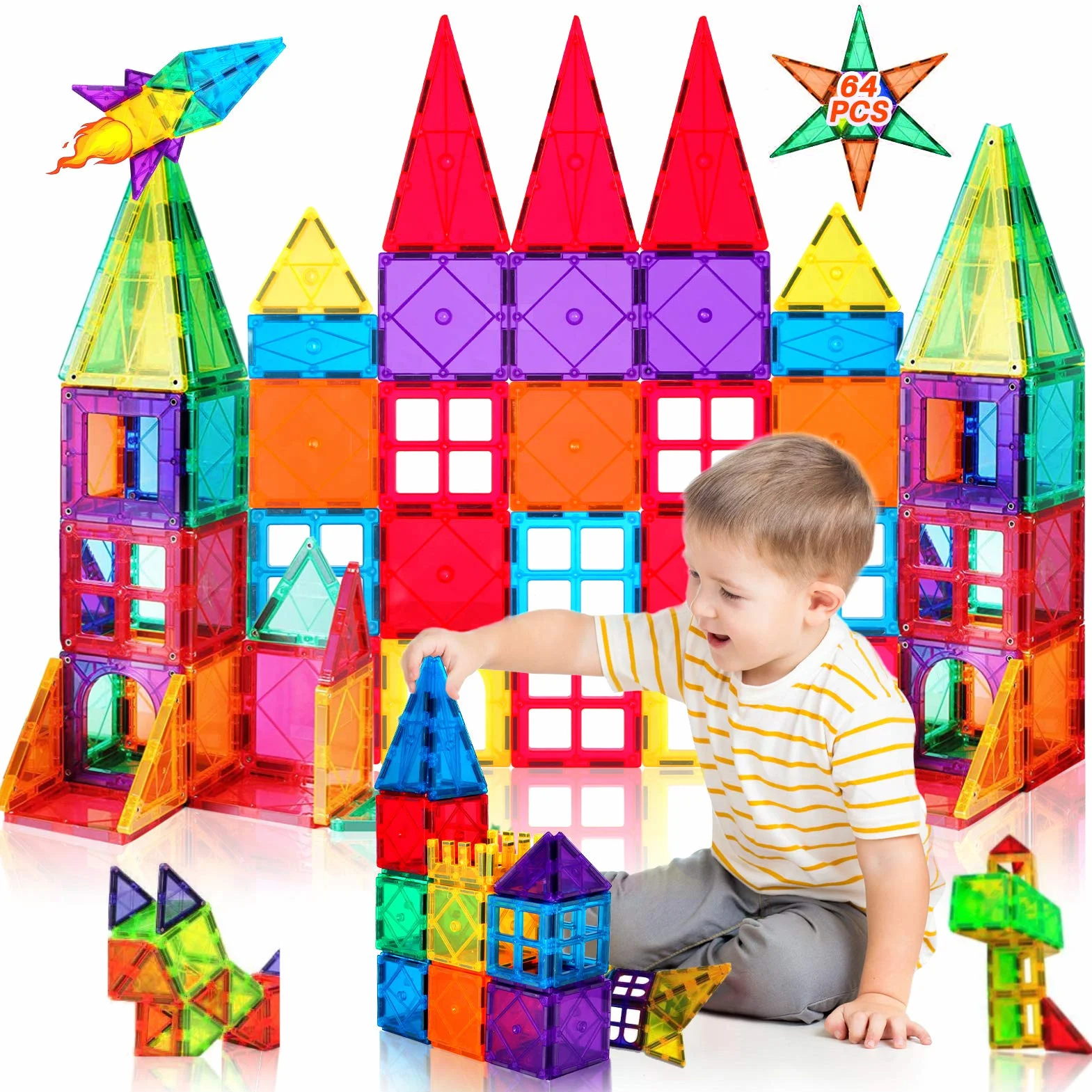 Katiago Blocs Construction Magnétiques 64 pièces Jeux Éducatifs 3D Jouets de Construction Puzzle Enfant