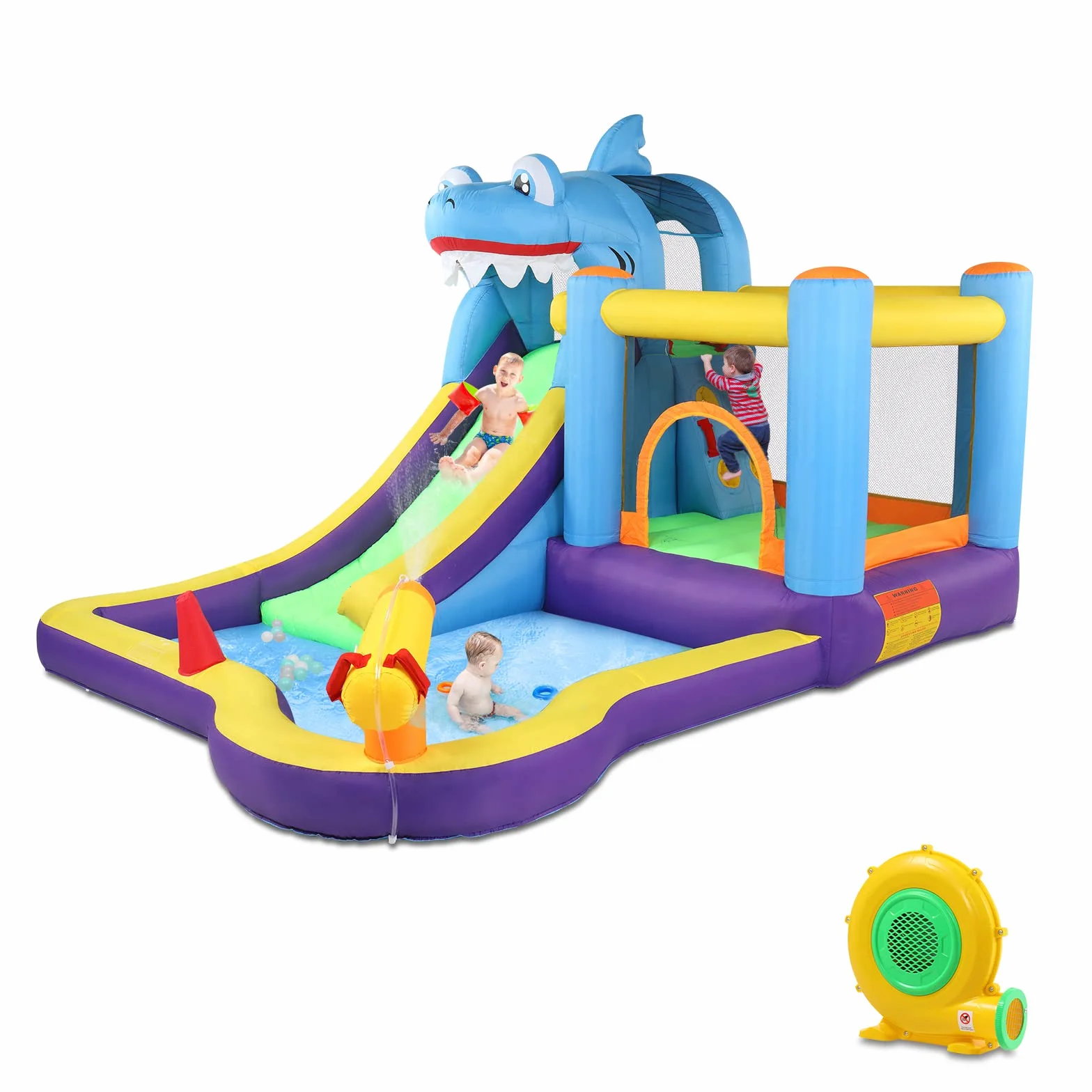 LEADZM Château Gonflable Parc Aquatique Thème Requin avec Trampoline Toboggan Piscine Pistolet à Eau 380x260x240 cm