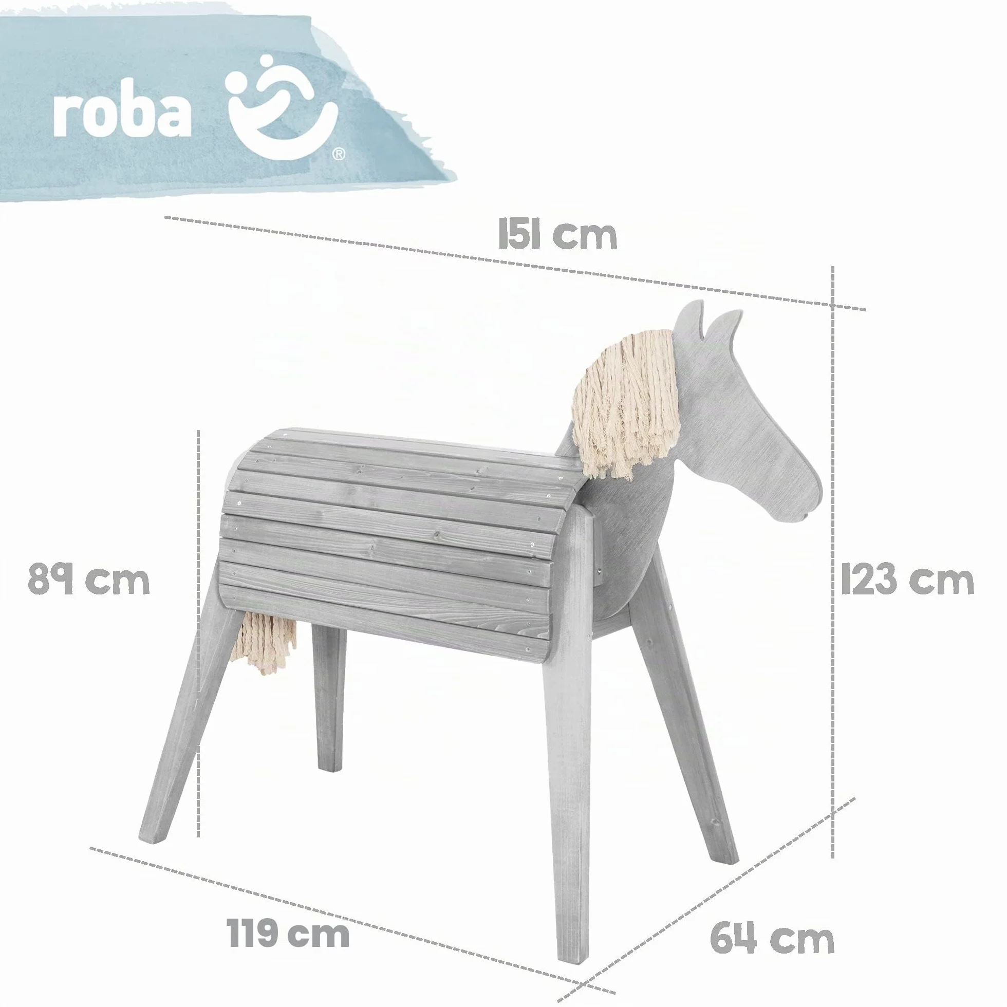 Cheval d'Équitation en Bois Massif pour Enfants - Hauteur d'Assise 89 cm - Teinté Gris