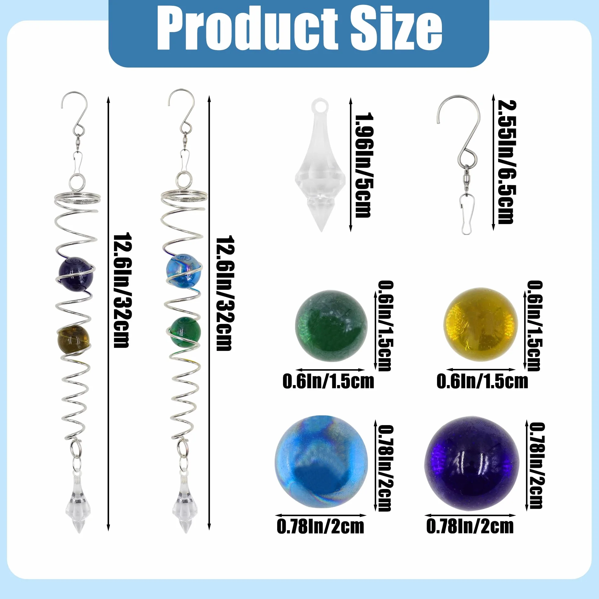 Lot de 2 stabilisateurs de queue en acier inoxydable attrape-soleil pour cour et jardin avec boules de verre et crochet pivotant
