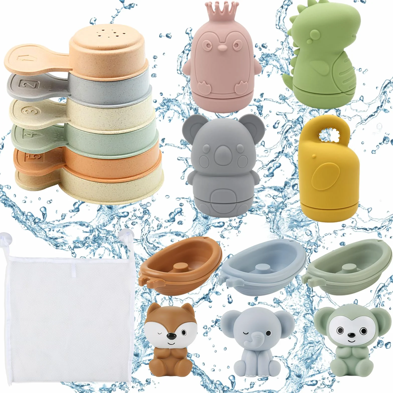 Jouets de Bain pour Bébé avec Jouets à Presser Sensoriels, Marionnettes à Doigts, Bateaux Empilables et Cuillère