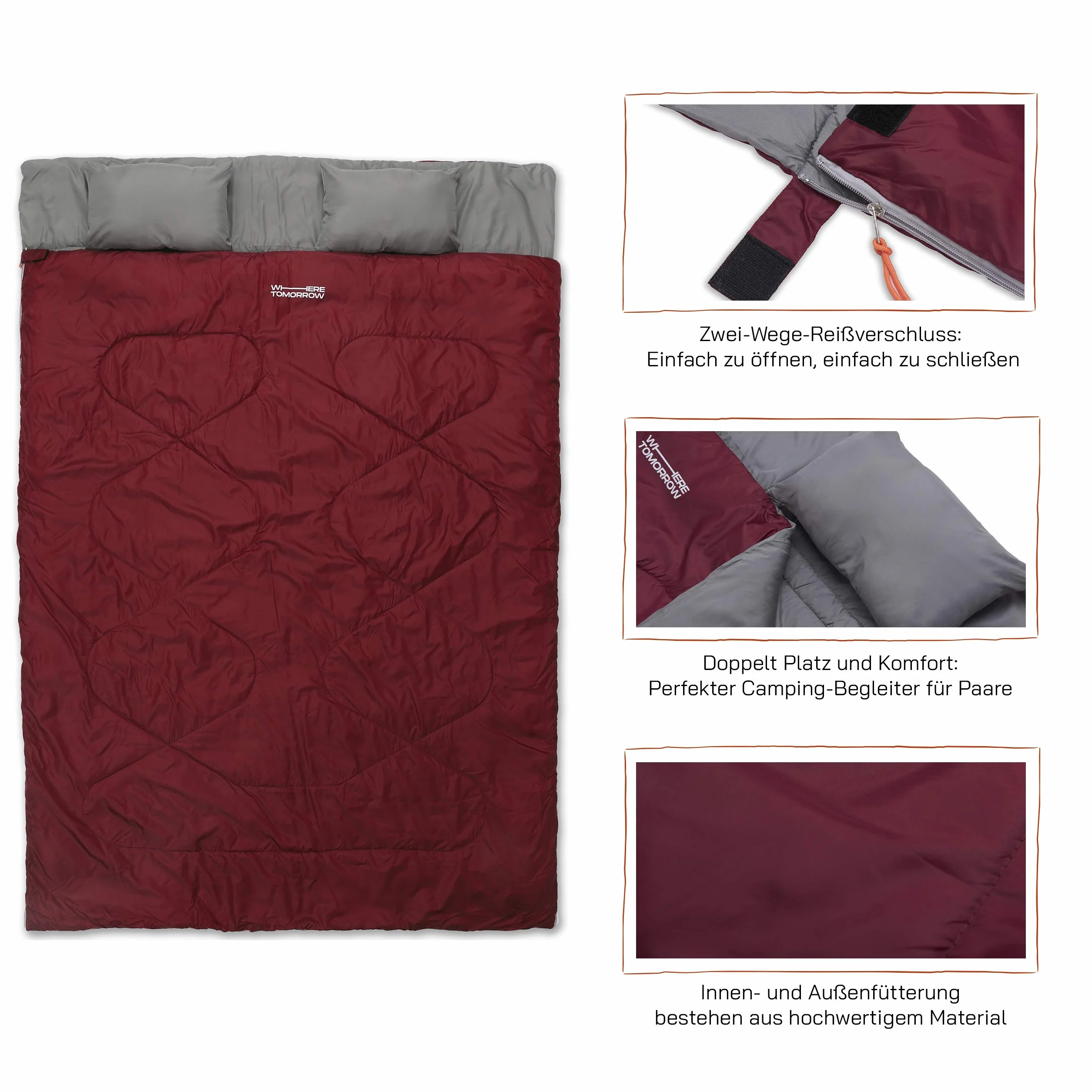 Lumaland Sac de Couchage Double 2 Personnes 190 x 150 cm Imperméable Respirant 300 g/m² Bordeaux