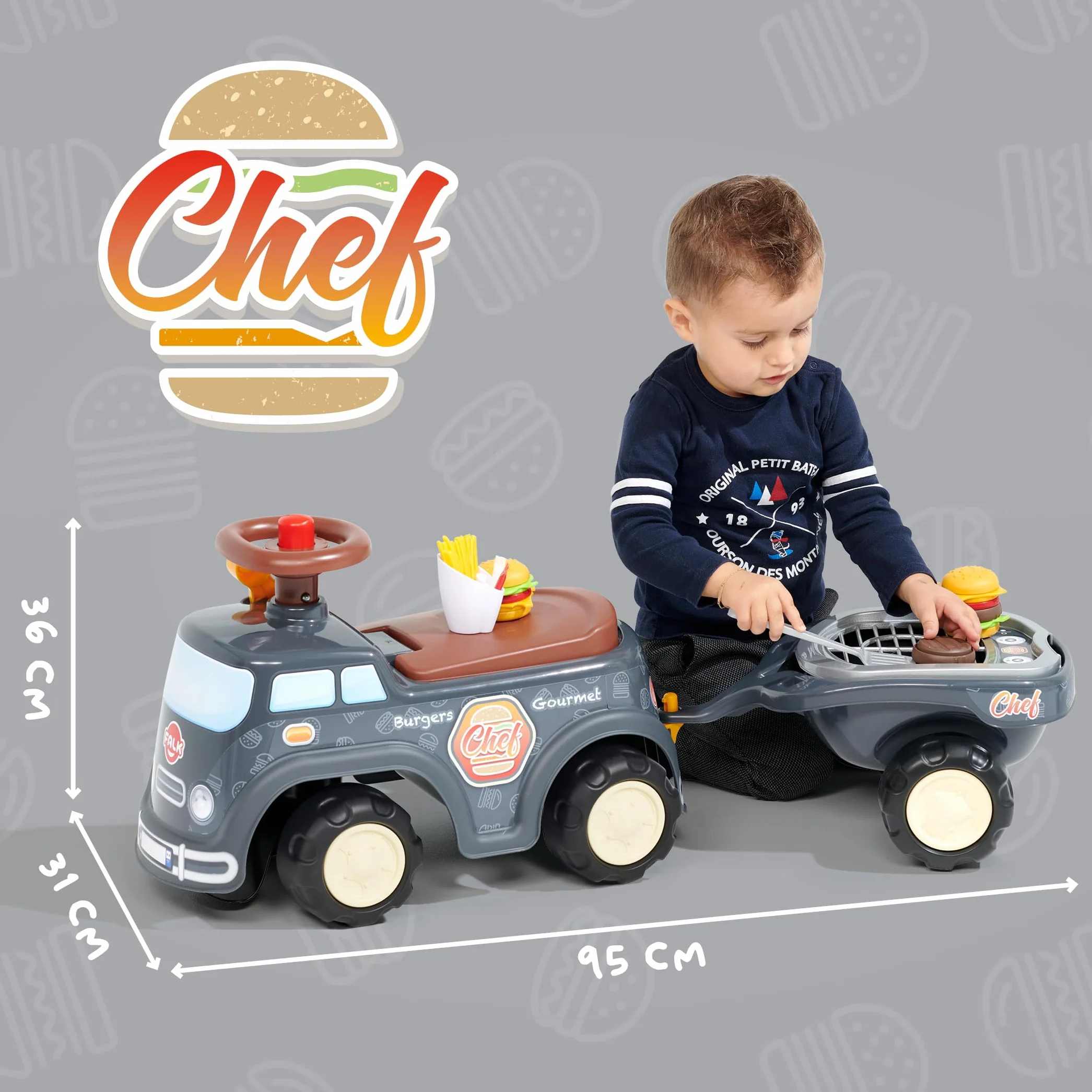 Falk Porteur Food Truck Gourmet Burger Gris 707C Volant directionnel avec klaxon Levier à Effet sonore Coffre de Rangement Remorque BBQ Accessoires