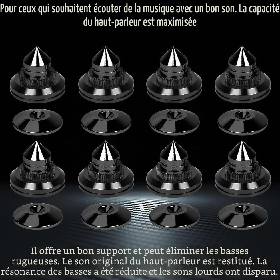Pointes pour Enceintes Noires Anti-Vibrations Hi-Fi 8 pièces