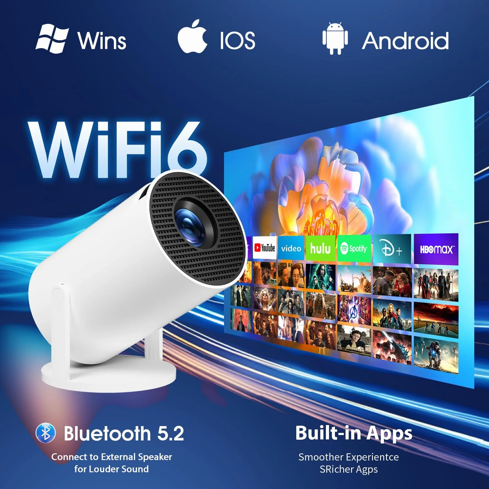 Vidéoprojecteur Portable Mini Projecteur WiFi 6 BT5.2 4K 1080P Auto Keystone 180° Rotation HDMI